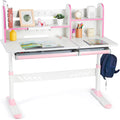 JOYLDIAS Ergonomic Kids Desk with Hutch, 47" Wide Height Adjustable Study Table for Home School, Anti-Hunchback Tilting Desktop for Reading & Drawing, Durable Student Learning Center (Pink)