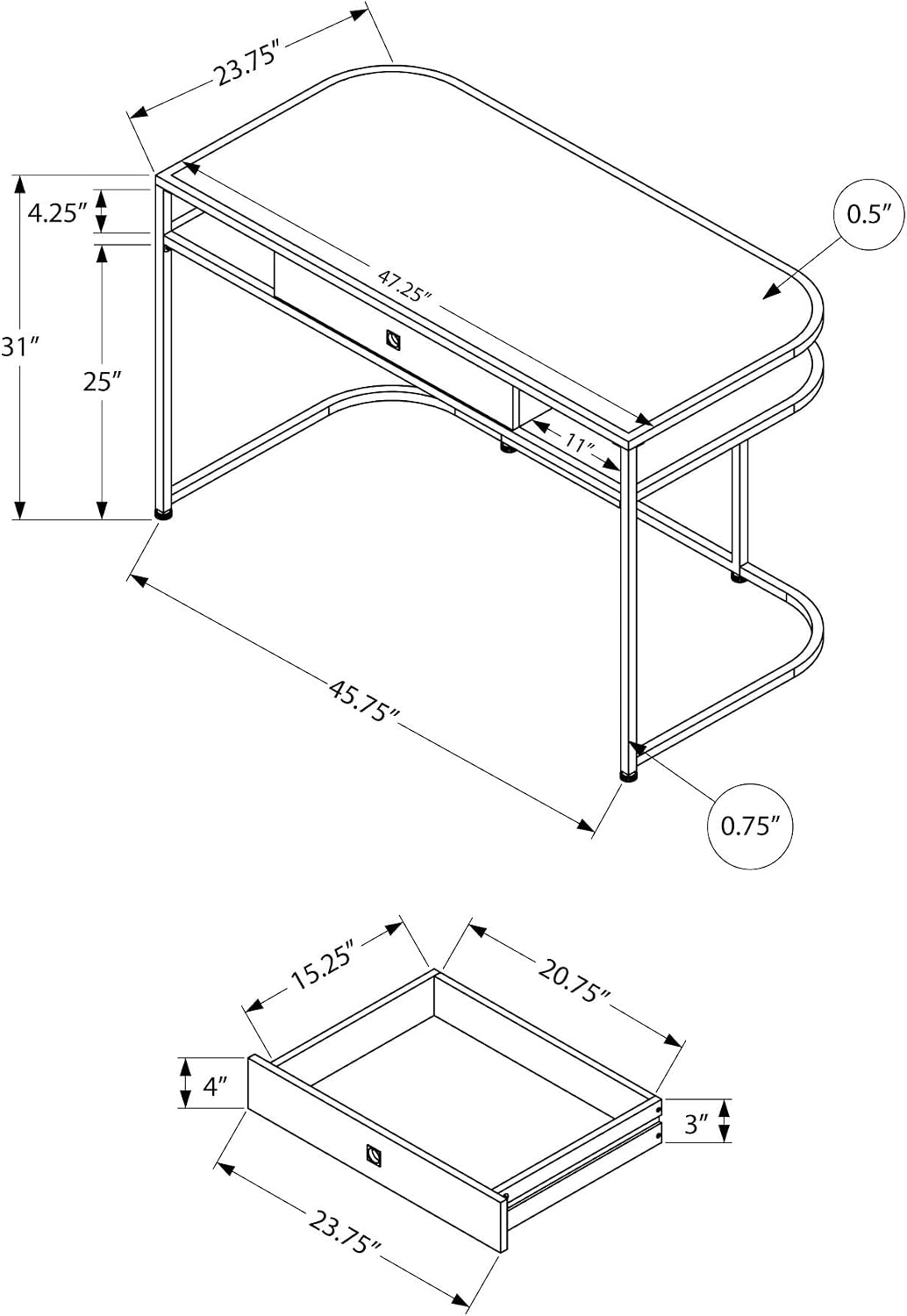 Computer Desk, Home Office, Laptop, Storage Drawers, 48" l, Work, White Laminate, Chrome Metal