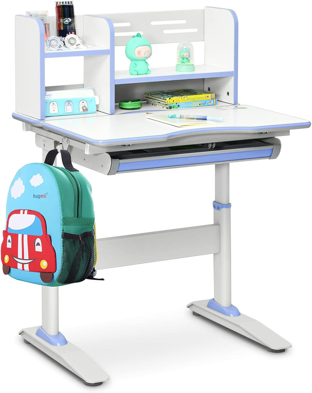 Costzon Kids Desk, Height Adjustable Children Study Desk w/Tilt Desktop, Storage Drawer, Book Shelf, Metal Hook, Writable Tabletop for Writing, Painting, Reading, Multifunctional Student Desk, Blue