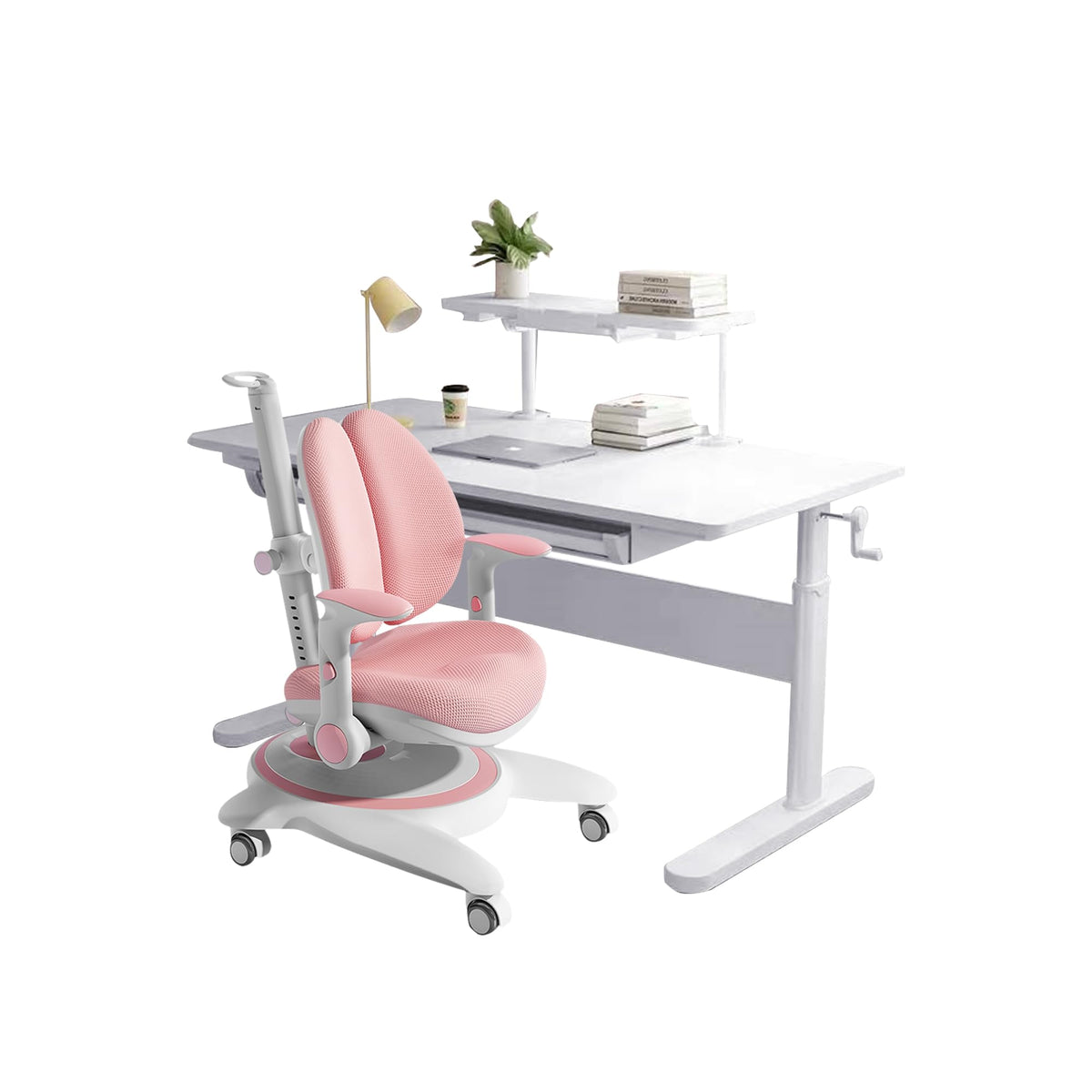 FCD Kids Desk, Height Adjustable Wood Children Study Computer Desk with Large Shelf, Tiltable Desktop and Pull-Out Drawer
