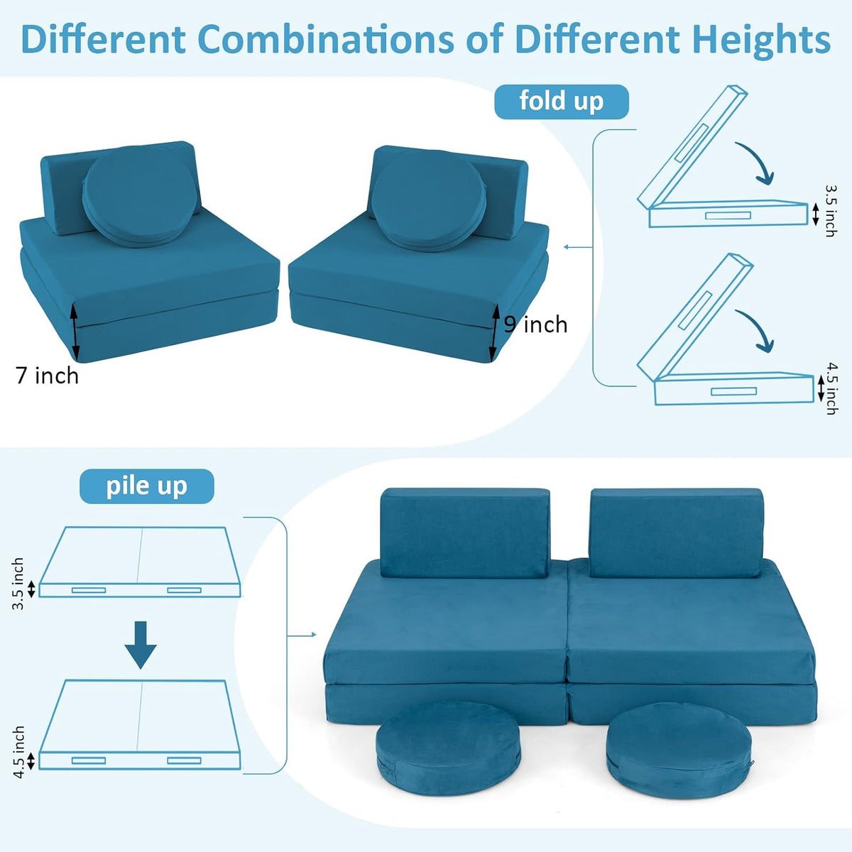INFANS Modular Kids Play Couch, 6 PCS Toddler Creative Sectional Fort Building Sofa for Playroom, Bedroom, Children Convertible Soft Foam Furniture Playset and Floor Cushion for Boys and Girls