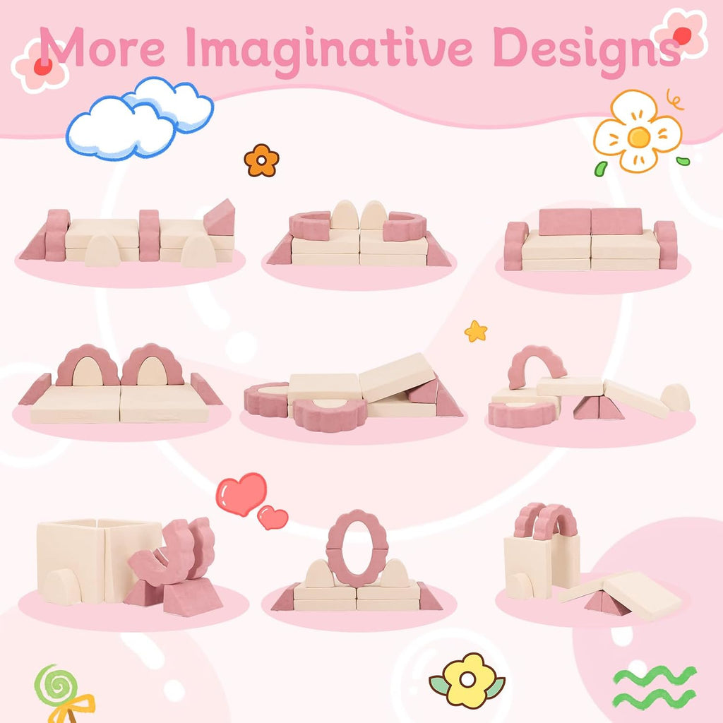 10-Piece Mini Kids Play Couch, Modular Flower Foam Sofa, Convertible Soft Play Sofa with Washable Cover, Indoor Climbing Furniture for Playroom, Pink & Beige