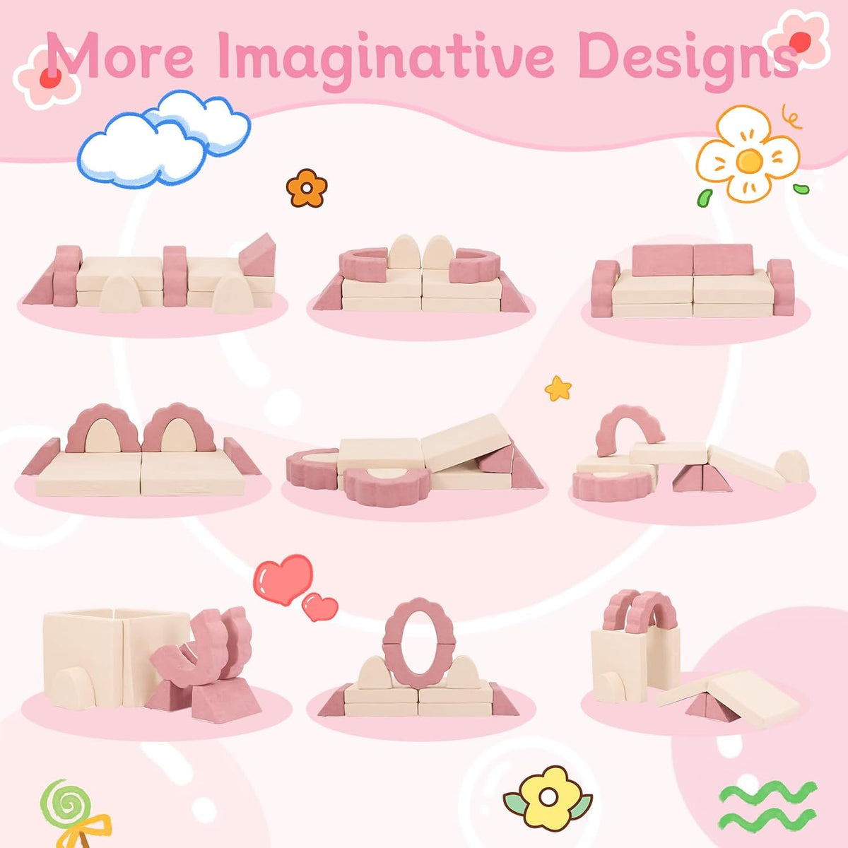 10-Piece Mini Kids Play Couch, Modular Flower Foam Sofa, Convertible Soft Play Sofa with Washable Cover, Indoor Climbing Furniture for Playroom, Pink & Beige