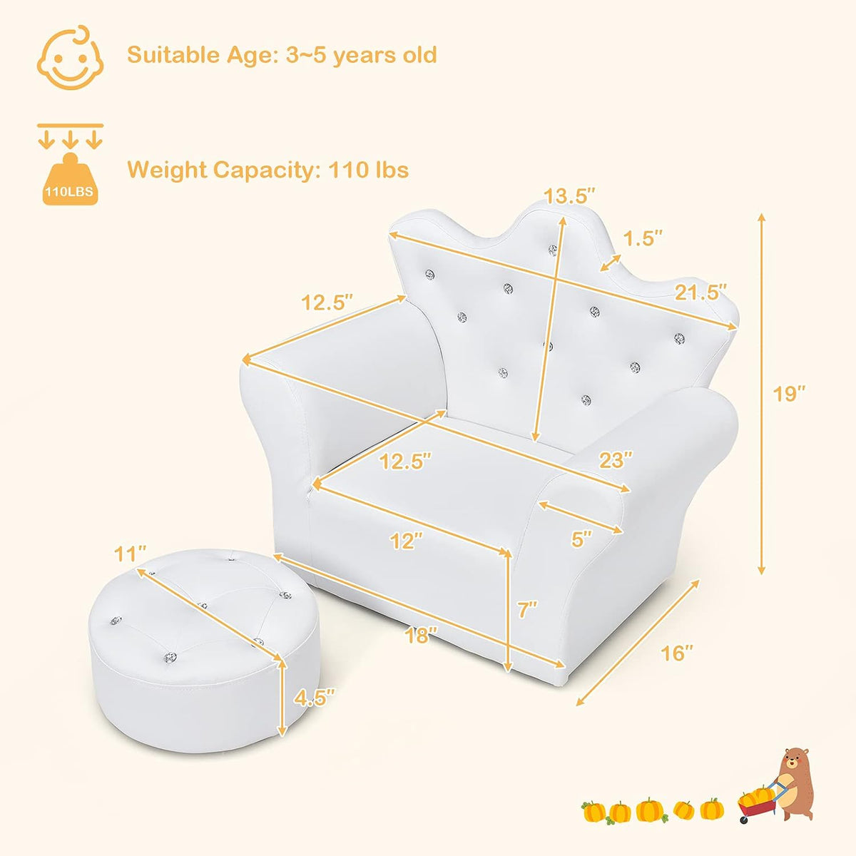MAT EXPERT Toddler Couch with Ottoman, Kids Royal Sofa Couch with Smooth PVC Leather, Crown Shape & Diamond Buckle Decoration, Upholstered Kids Sofa, Ideal for Boys & Girls Age 3-5 (White)