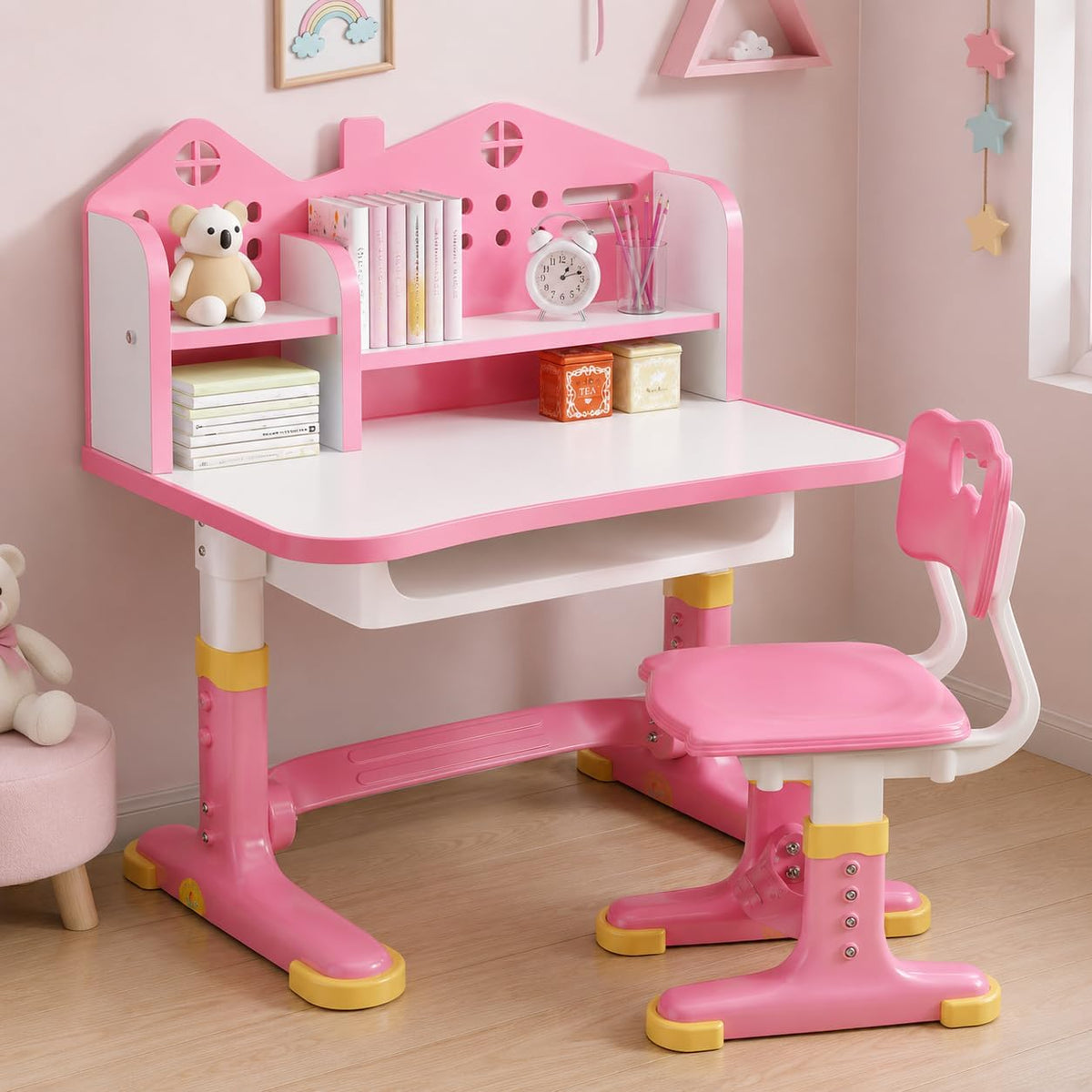 Kids Study Desk and Chair Set, Height Adjustable Children School Study Desk with Castle Backboard,Ergonomic Small Desks Widened Desktop, Study Table with Bookstand Storage Drawer (Pink)