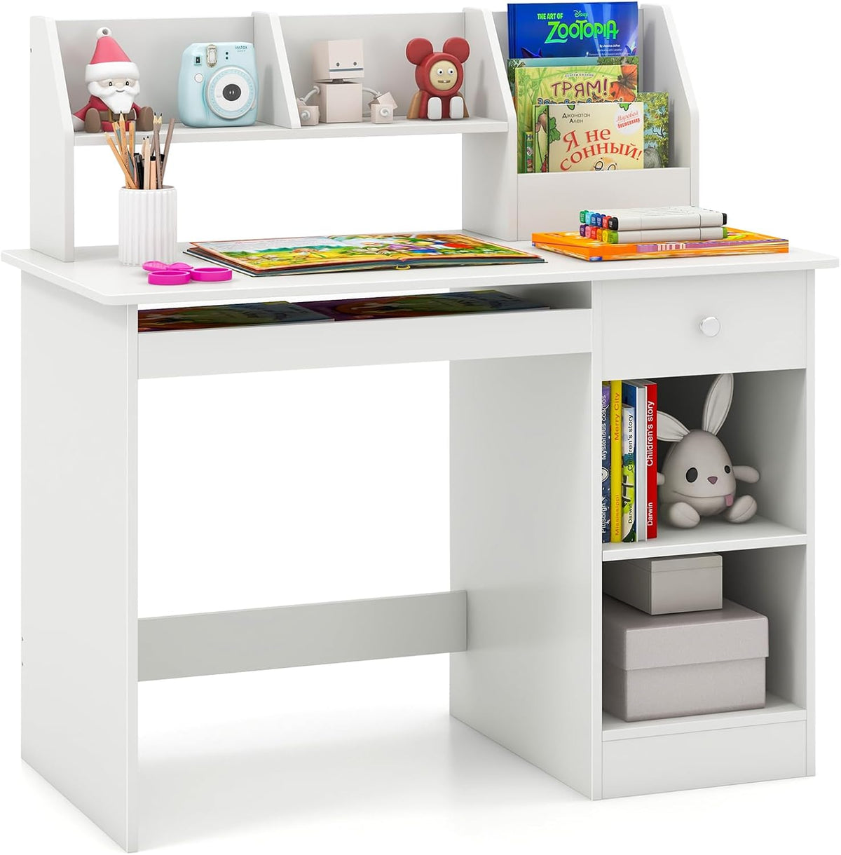 Giantex Kids Study Desk, Children Wooden Writing Table with Hutch, Bookshelf, Drawer, Keyboard Tray, Storage Shelves, White Student Computer Desk Workstation for Home School Use, Gift for Boys Girls