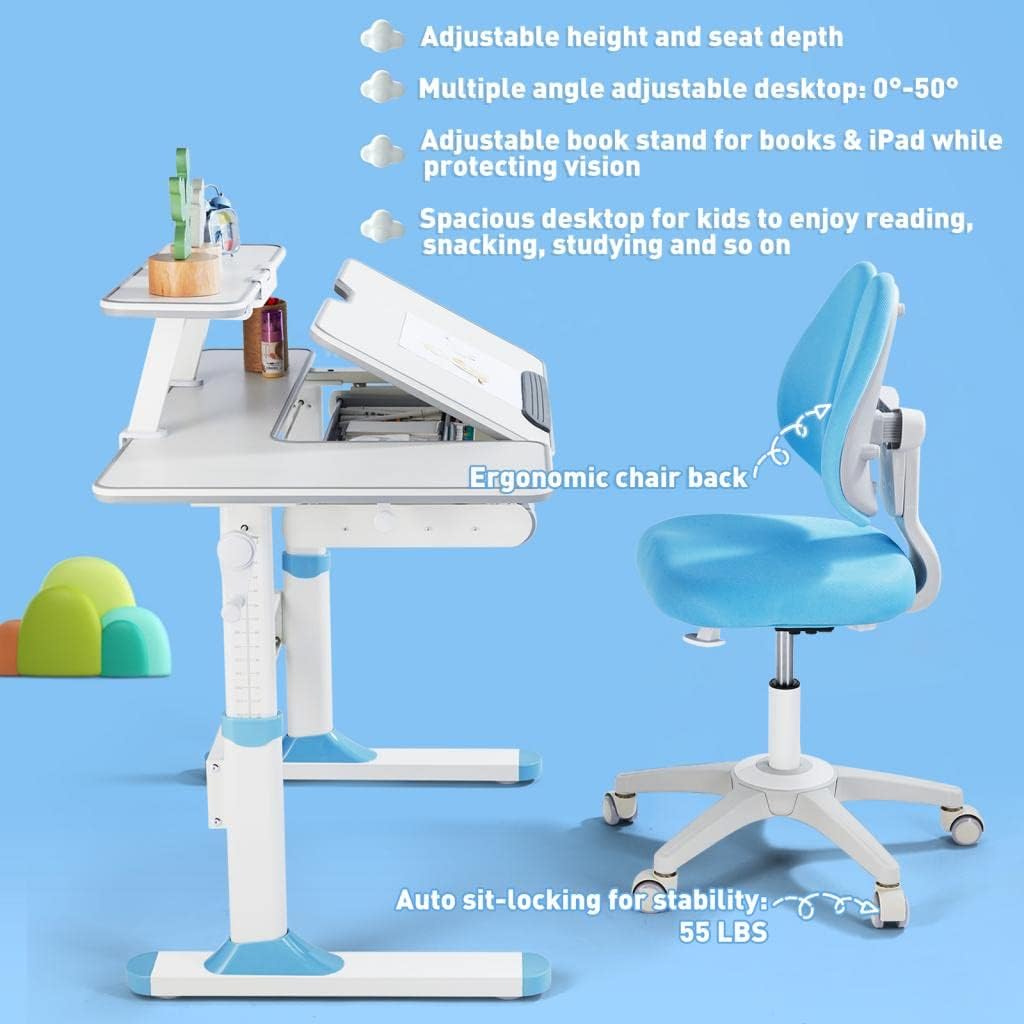 COSVALVE Adjustable Kids Desk & Ergonomic Chair Set with Drawer Bookstand