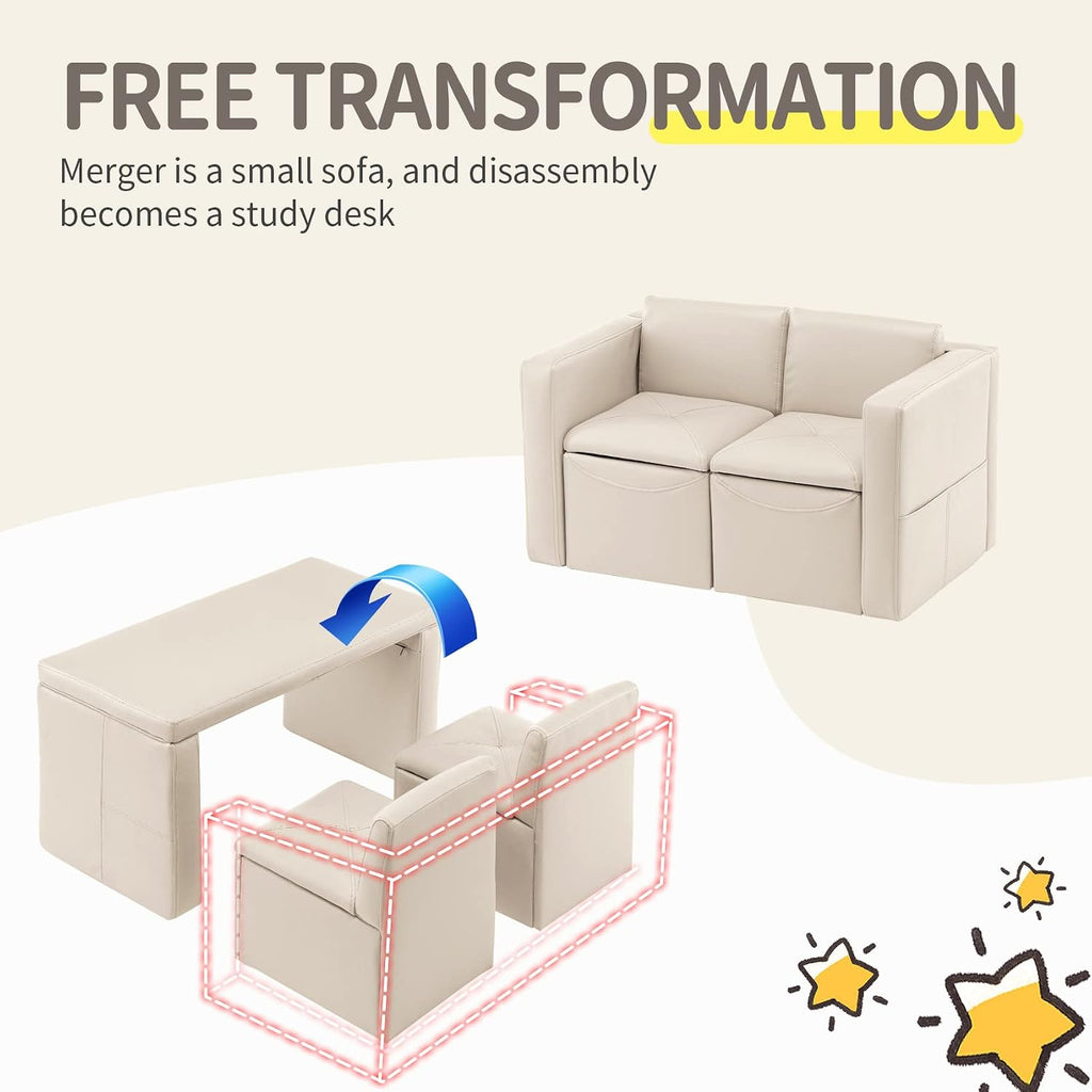 UNICOO –Kids Sofa, 2-in-1 Double Set Sofa Convert to Table & 2 Chairs, Children Boys Girls Couch Armrest Chair with Storage Box (ZKL-111K-Beige)