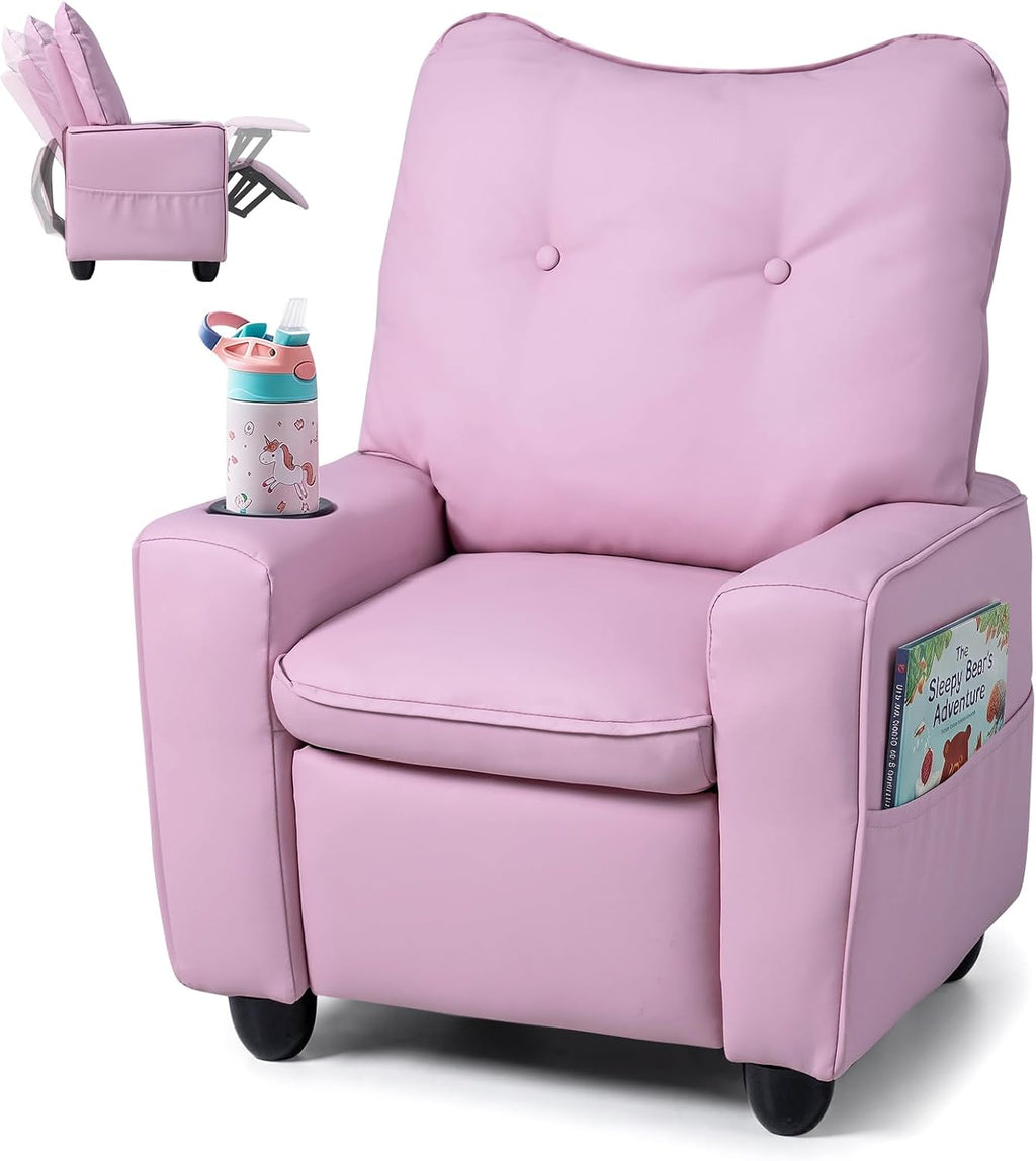 HONEY JOY Kids Recliner, PU Leather Toddler Sofa for Ages 3+ (Pink)