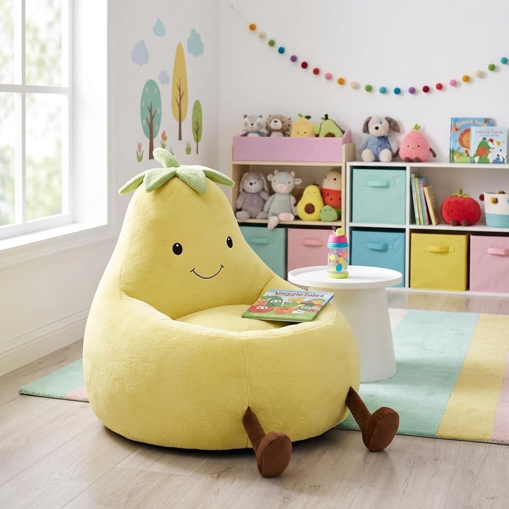 Kids Bean Bag Chair, Yellow Cartoon Animal Plush Floor Sofa with Faux Rabbit Fur Cover, Comfy Reading Chair for Toddlers & Teens, 24 Inch