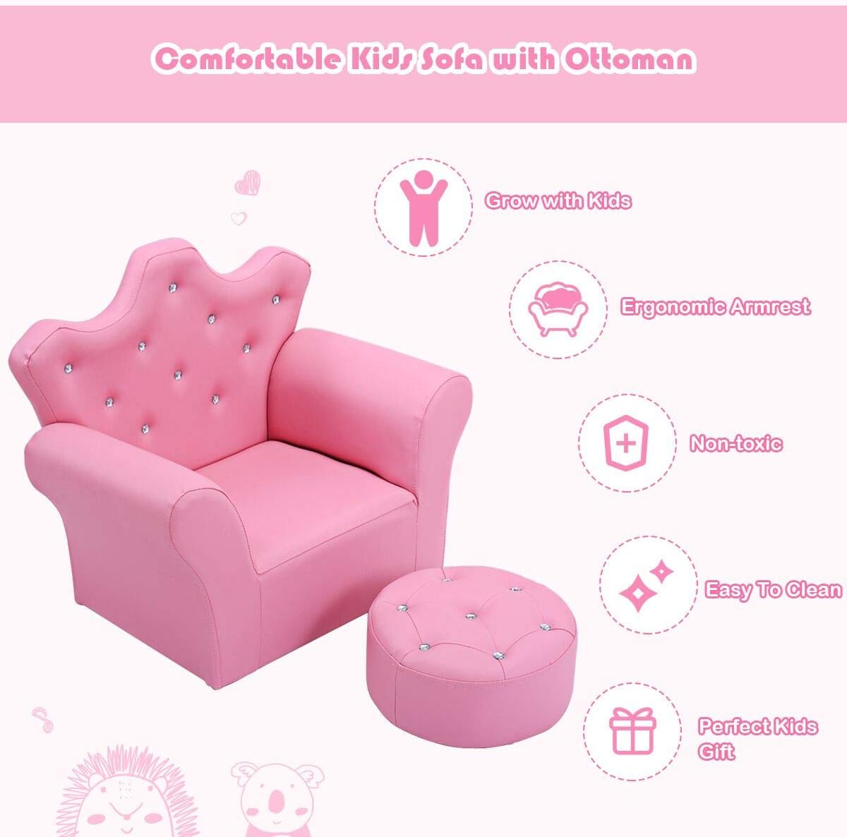 HONEY JOY Kids Sofa, Children Princess Upholstered Couch Armrest Chair with Ottoman, PVC Leather & Embedded Crystal, Toddler Bedroom Furniture for Baby Girl (Pink)