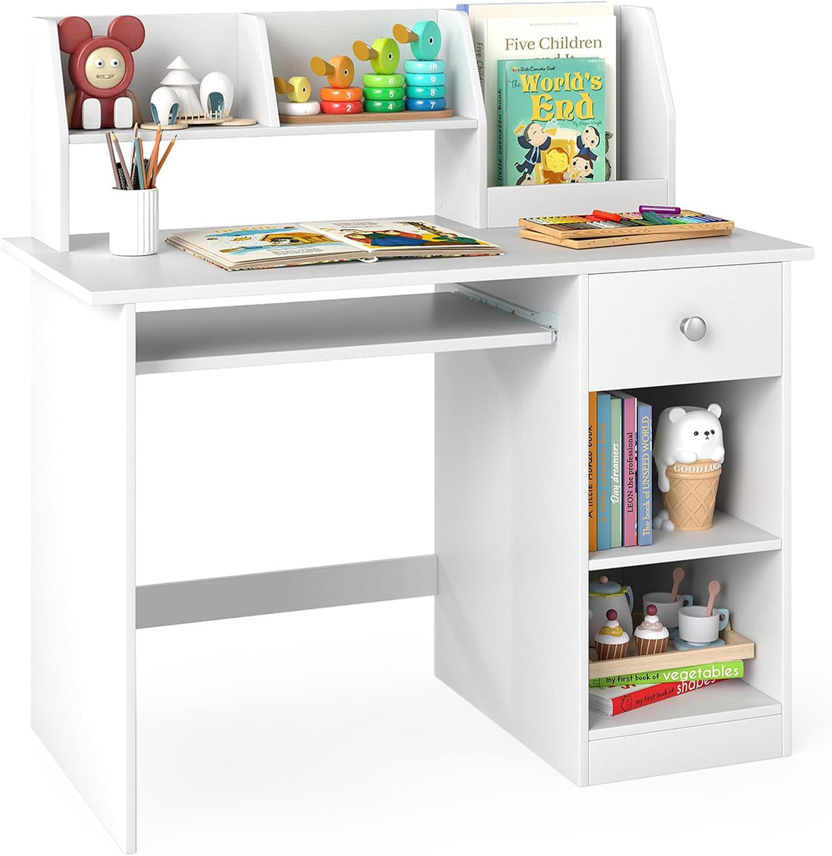 Costzon Kids Desk, Wooden Children Study Desk w/Hutch, Storage Shelves, Bookshelf & Keyboard Tray for Home School Writing, Reading or Drawing, Computer Workstation Student Table for Boys Girls 3+