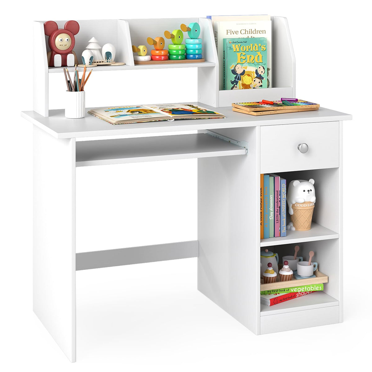 Costzon Kids Desk, Wooden Children Study Desk w/Hutch, Storage Shelves, Bookshelf & Keyboard Tray for Home School Writing, Reading or Drawing, Computer Workstation Student Table for Boys Girls 3+