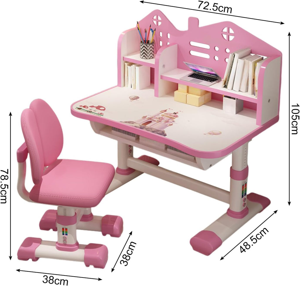 cdar Kids Desk Chair Set,Multi Functional Widened Children Desktop with Tilt Book Stand Drawer Cartoon Pattern School Height Adjustable Study Table and Set for Boys Girls (Cartoon Pink)