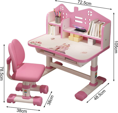 cdar Kids Desk Chair Set,Multi Functional Widened Children Desktop with Tilt Book Stand Drawer Cartoon Pattern School Height Adjustable Study Table and Set for Boys Girls (Cartoon Pink)