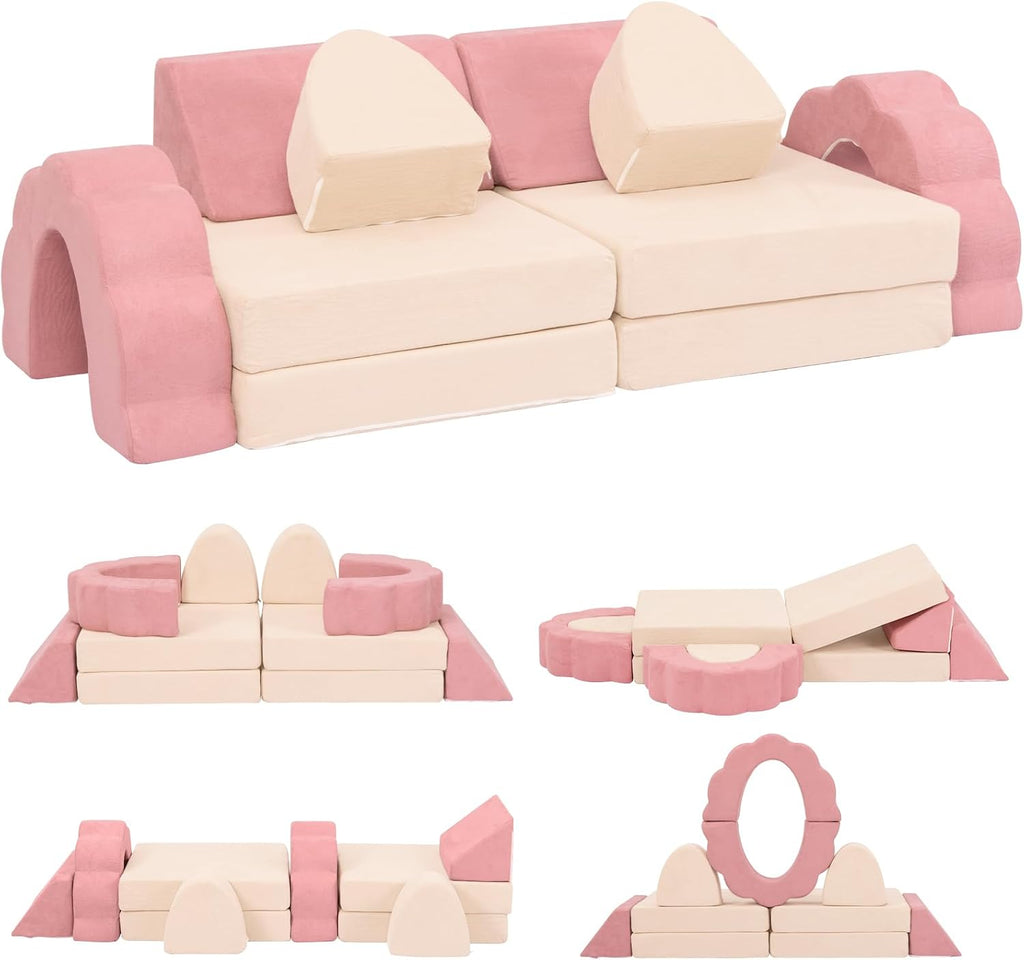 10-Piece Mini Kids Play Couch, Modular Flower Foam Sofa, Convertible Soft Play Sofa with Washable Cover, Indoor Climbing Furniture for Playroom, Pink & Beige