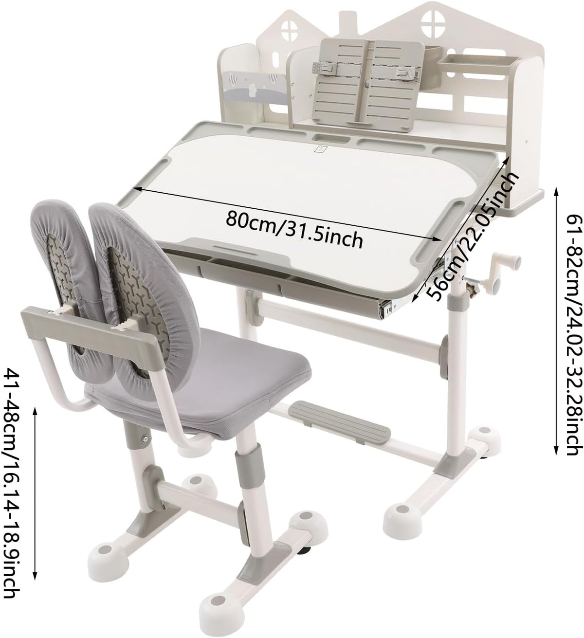 31.5'' Adjustable Kids Desk with Tilting Desktop & Bookshelf Hutch(Gray)