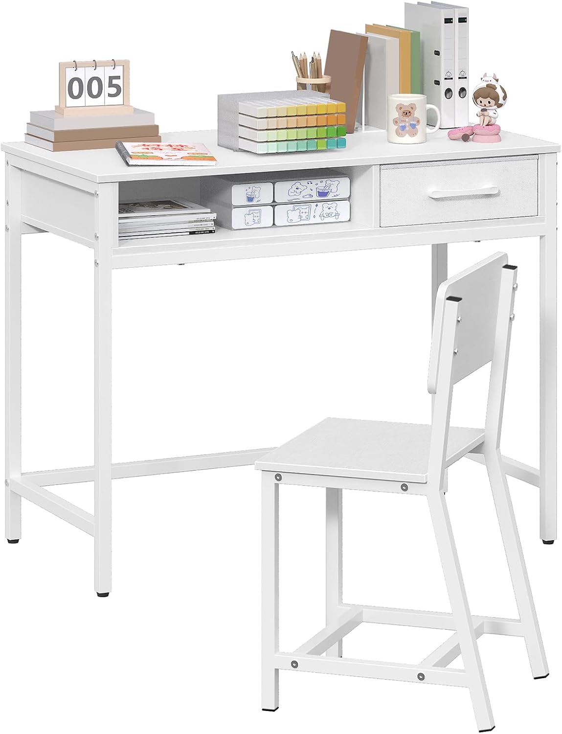MAHANCRIS Kids Desk and Chair Set, Student Writing Desk, Kids Study Desk with Book Sorter and Fabric Drawer, Kids Wooden Study Table, for Study, Kids Room, Bedroom, White KDBW11901N1