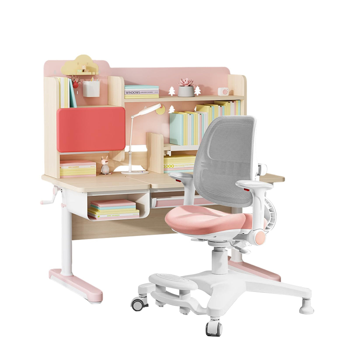 FCD Wood Adjustable Height Ergonomic Kids Study Desk Drafting Table Computer Station Built-in Bookshelf Hutch Multi Function Desktop 43.3" Width (Pink)