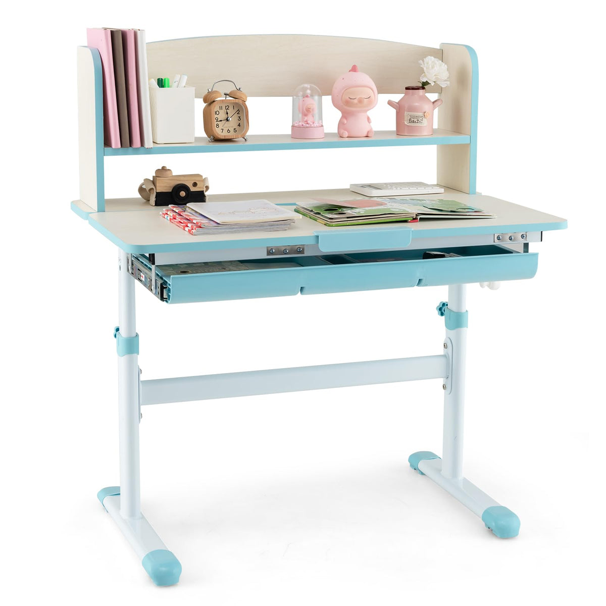 Costzon Kids Study Desk, Height Adjustable Children School Desk with Storage, Tilt Desktop, Pen Holder & Scale Ruler, Student Computer Desk Writing Table for Home School Use, Desk for Kids (Grey)