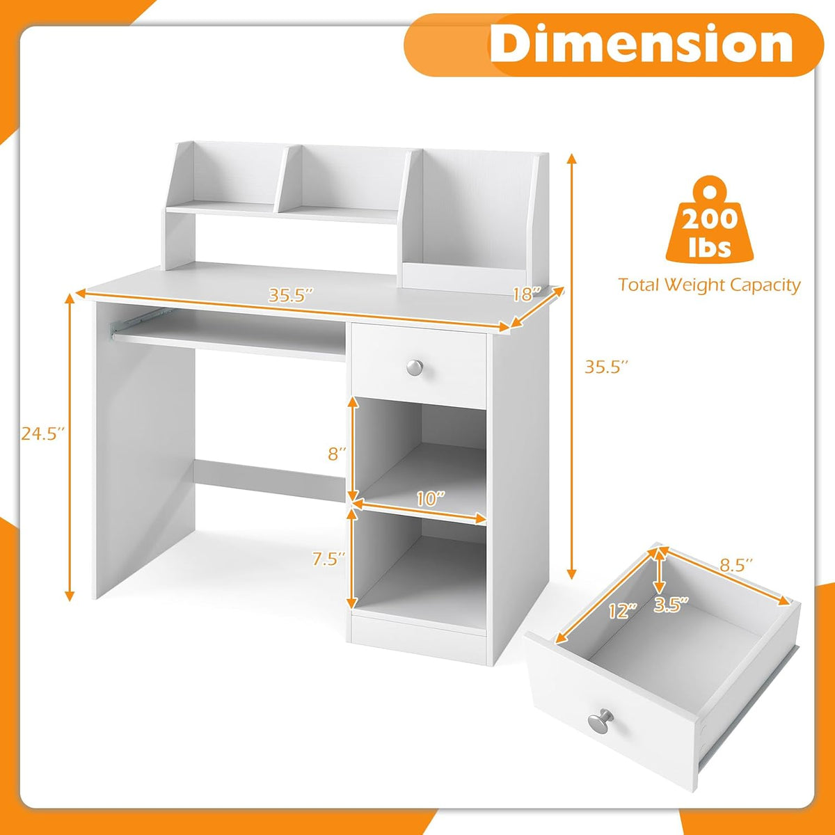 GLACER Kids Desk, Wooden Children Study Table with Hutch, Drawer, Storage Shelves & Keyboard Tray for Home School Writing, Drawing or Reading, White Computer Workstation Writing Table for Girls Boys