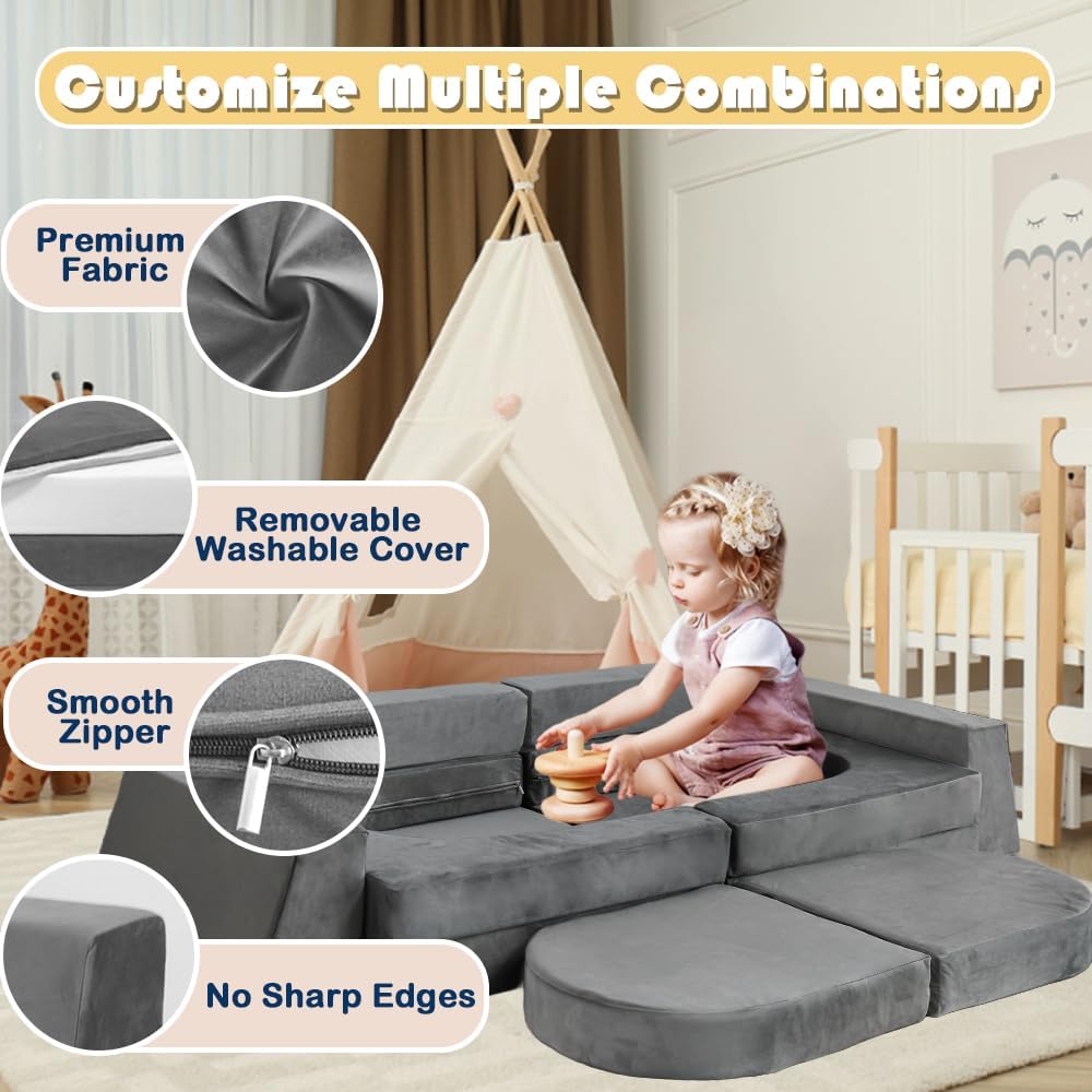 10Pcs Modular Kids Play Couch Convertible Toddler Building Fort Sofa and Cushion Child DIY Floor Sofa for Sleeping Playroom Bedroom for Boys and Girls (Dark Gray)