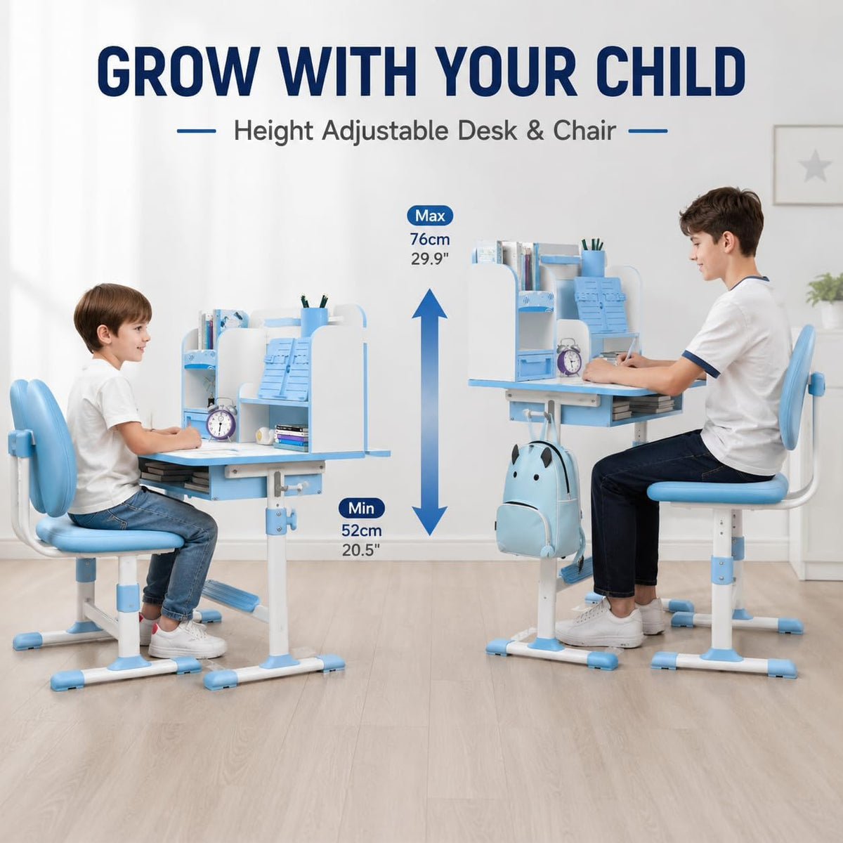 Kids Study Desk and Chair Set, Height Adjustable Kids Study Desk with Storage Drawer Bookstand,Ergonomic Desk for Kids with Desktop Children Study Desk Blue