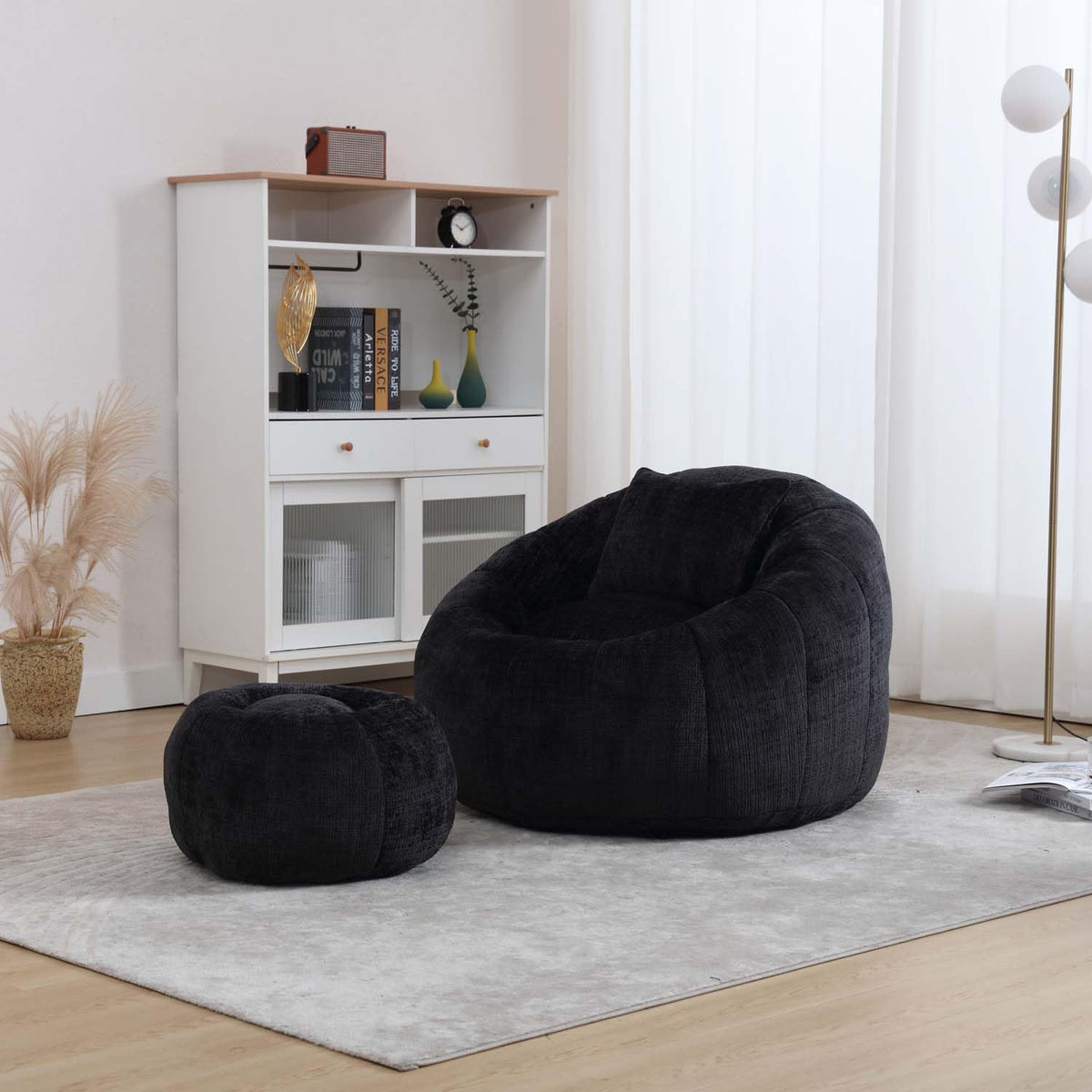 Round Cloud Bean Bag Chair, Leisure Floor Single Seater with Ottoman, Plush Chenille Sofa Chair, Lazy Bean Bag Chairs for Bedroom, Apartment and Living Room (Orange)
