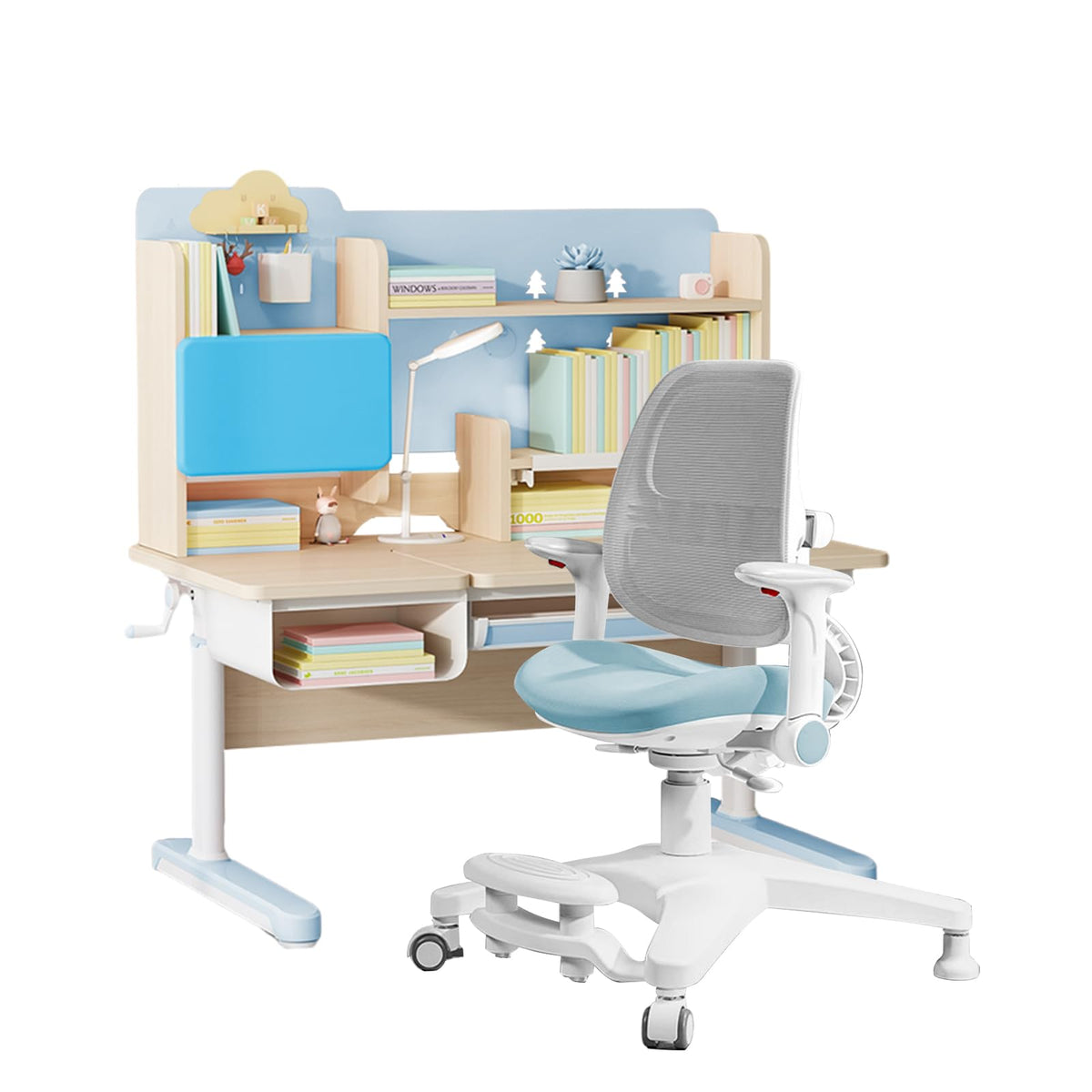 FCD Wood Adjustable Height Ergonomic Kids Study Desk Drafting Table Computer Station Built-in Bookshelf Hutch Multi Function Desktop 43.3" Width (Pink)