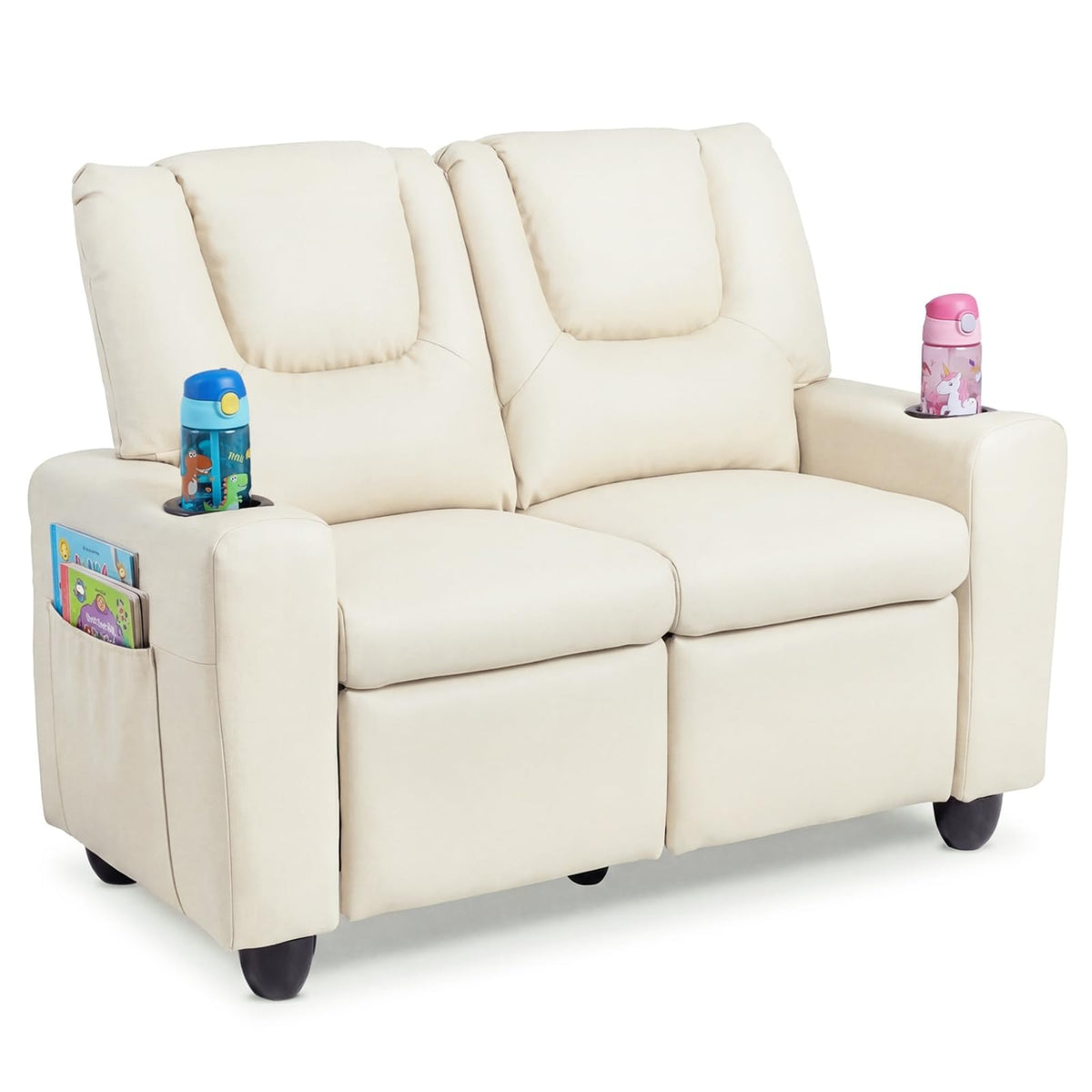 Costzon 2-Seater Kids Recliner, PU Leather Kids Loveseat w/2 Cup Holders & 2 Side Storage Pockets, Toddler Lounge Sofa Chair Couch w/Adjustable Backrest & Footrest for Girls & Boys 3+ Years Old Gifts