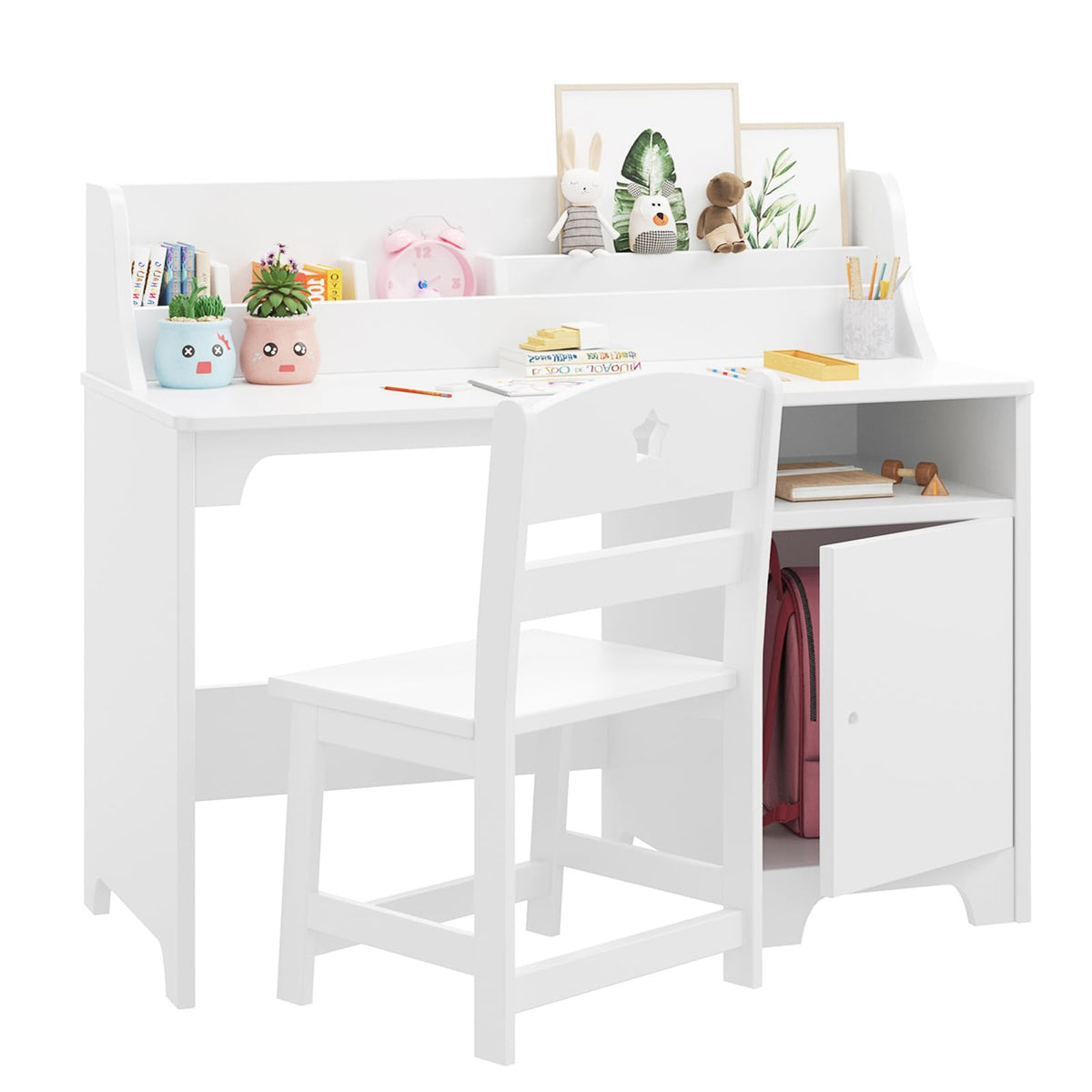 Pink Wooden Kids Desk Chair Set Hutch Storage Cabinet Study Workstation