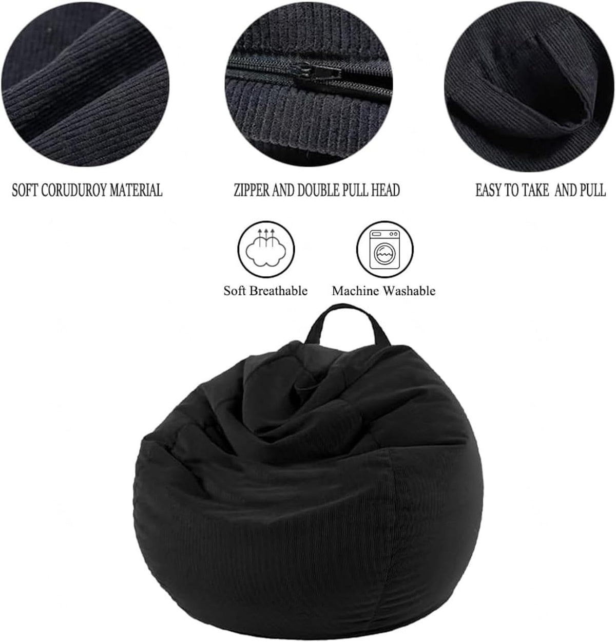 NIBHZ Stuffed Animal Storage Bean Bag Chair Cover (No Filler) for Kids and Adults.Soft Premium Bean Bag for Organizing Children Plush Toys,black-100x120cm
