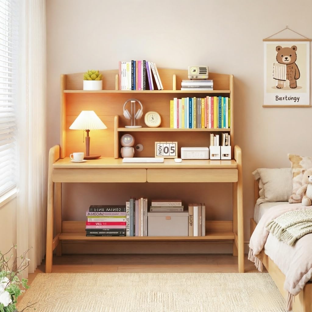Kids Study Desk with Bookshelf＆Two Drawers for 3-8 Years Old, Height Adjustable Child's School Study Writing Tables Wooden Children's Study Table & Small Writing Desk for Boys and Girls, Natural