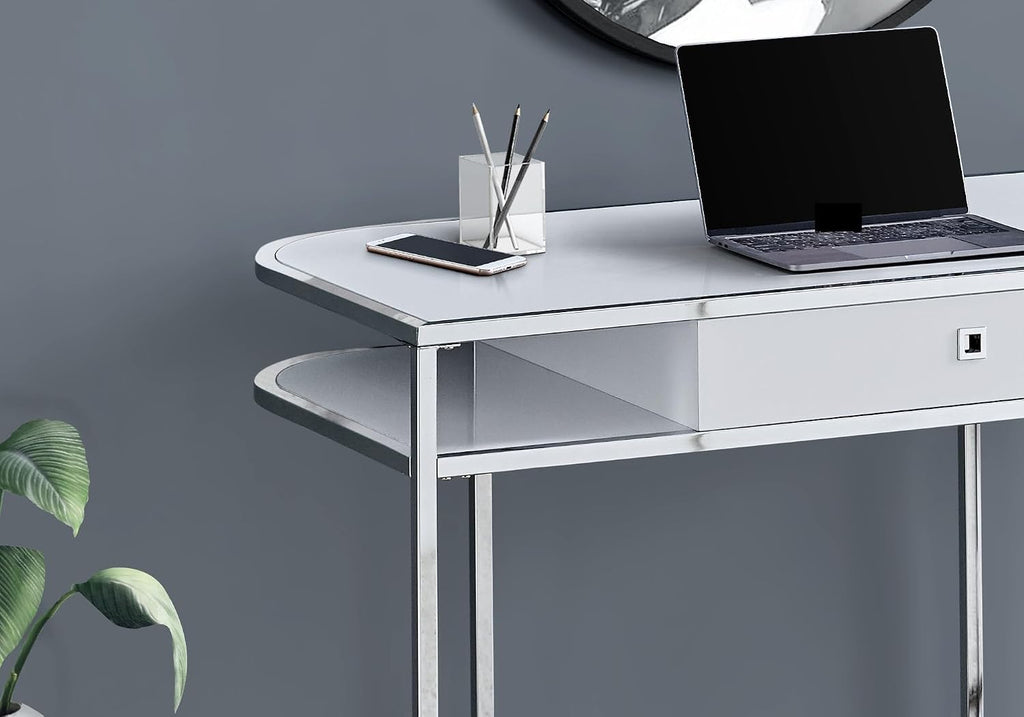 Computer Desk, Home Office, Laptop, Storage Drawers, 48" l, Work, White Laminate, Chrome Metal