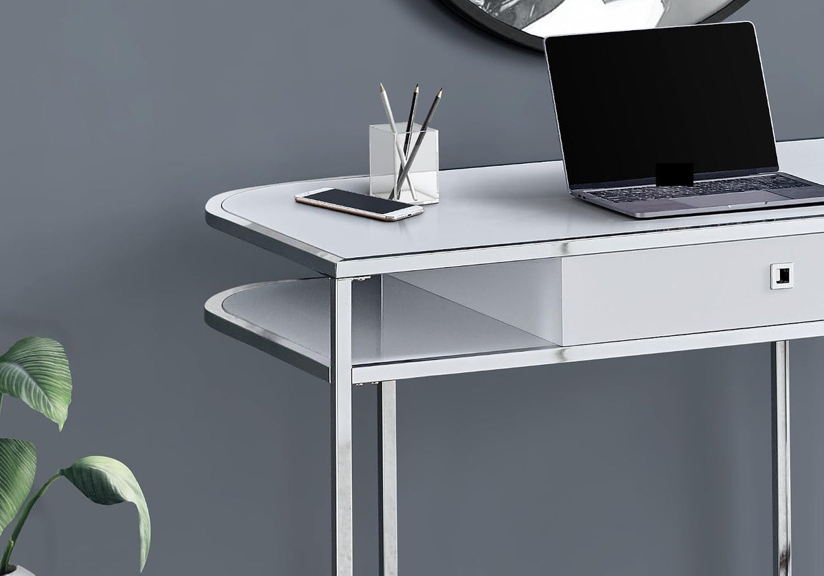 Computer Desk, Home Office, Laptop, Storage Drawers, 48" l, Work, White Laminate, Chrome Metal