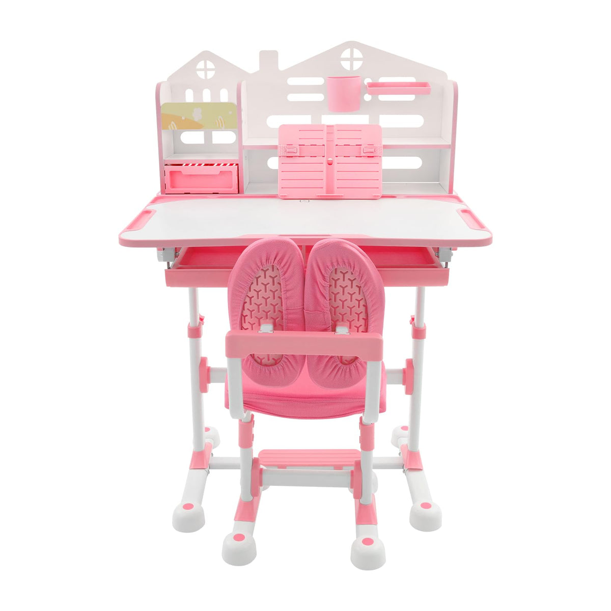 31.5'' Adjustable Kids Desk with Tilting Desktop & Bookshelf Hutch(Gray)