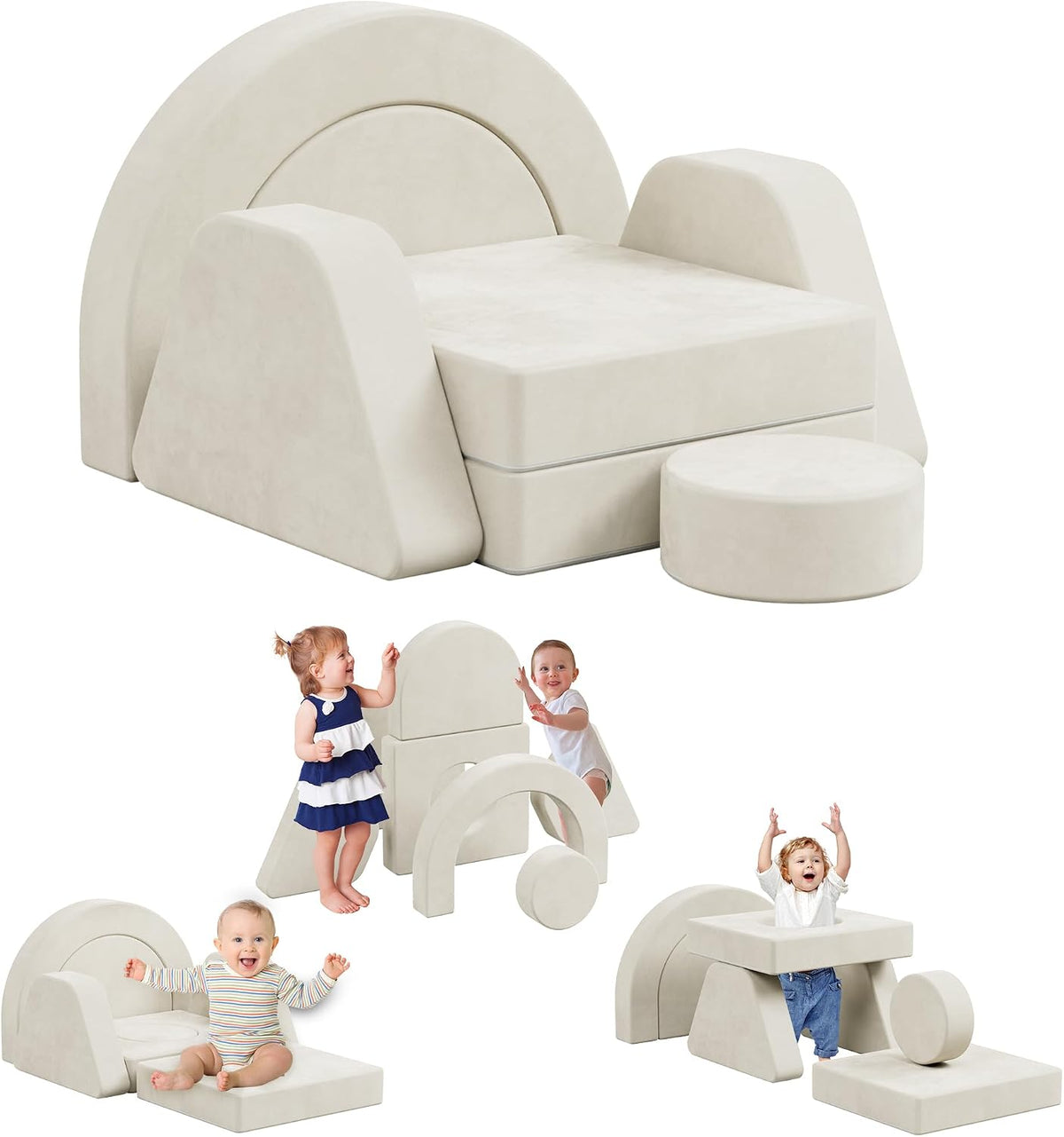 HedoAjim 7 PCS Modular Kids Play Block Sofa Child Couch Toddler Building Fortplay Bedroom Playroom Baby Convertible Floor Foam Cushion for Boys & Girls(Beige-Single)