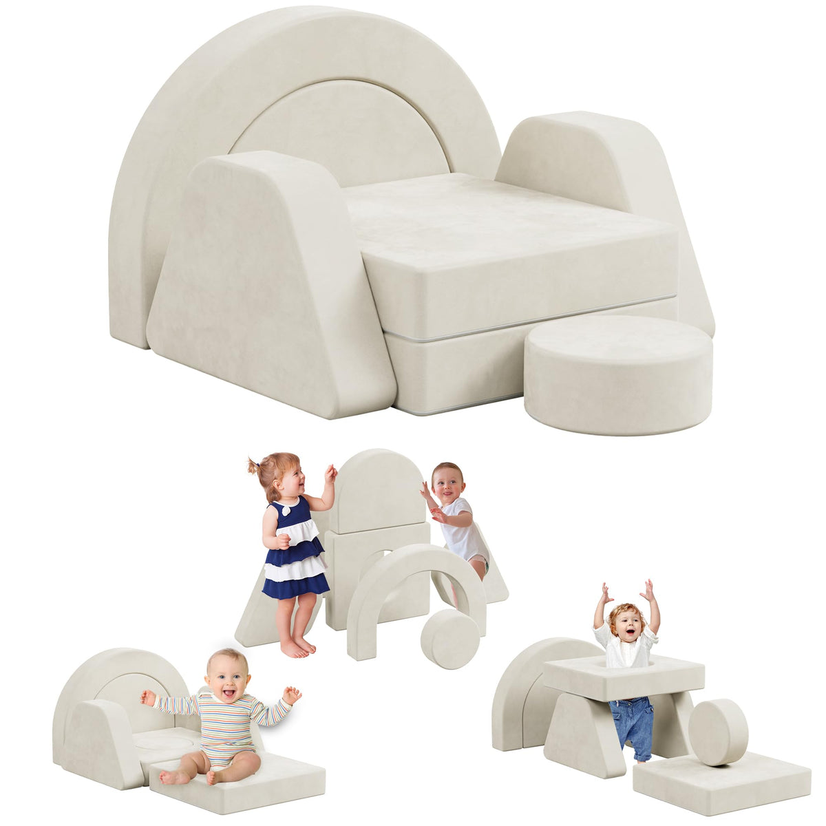 HedoAjim 7 PCS Modular Kids Play Block Sofa Child Couch Toddler Building Fortplay Bedroom Playroom Baby Convertible Floor Foam Cushion for Boys & Girls(Beige-Single)