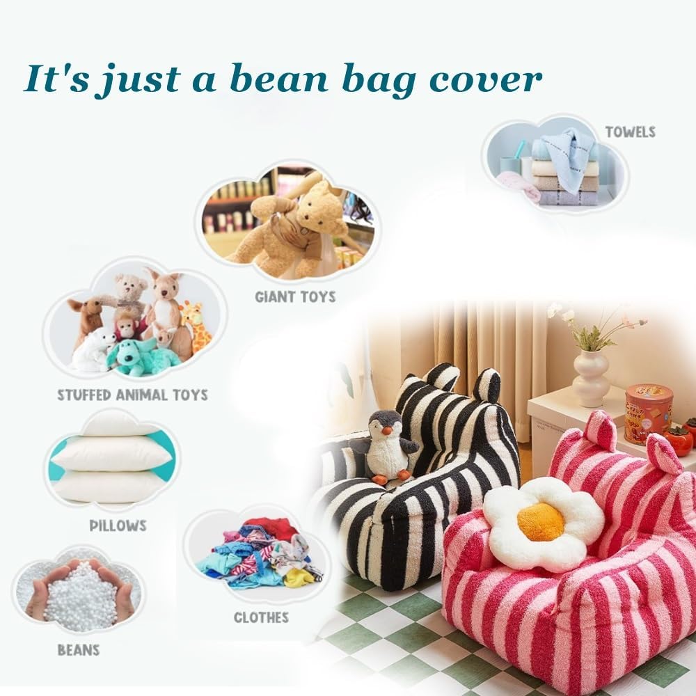 Children's Teddy Fleece Bean Bag Chair(No Fillers) Bean Bag for Girls and Boys, Kids Armchair, Beanbags for Children, Nursery Décor, Playroom Décor, Bedroom Accessories(Black Stripes)