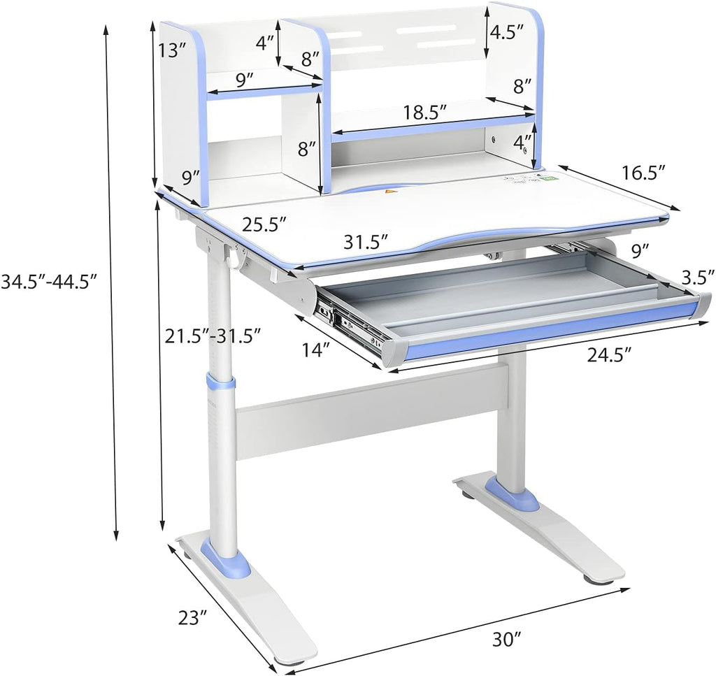 Costzon Kids Desk, Height Adjustable Children Study Desk w/Tilt Desktop, Storage Drawer, Book Shelf, Metal Hook, Writable Tabletop for Writing, Painting, Reading, Multifunctional Student Desk, Blue