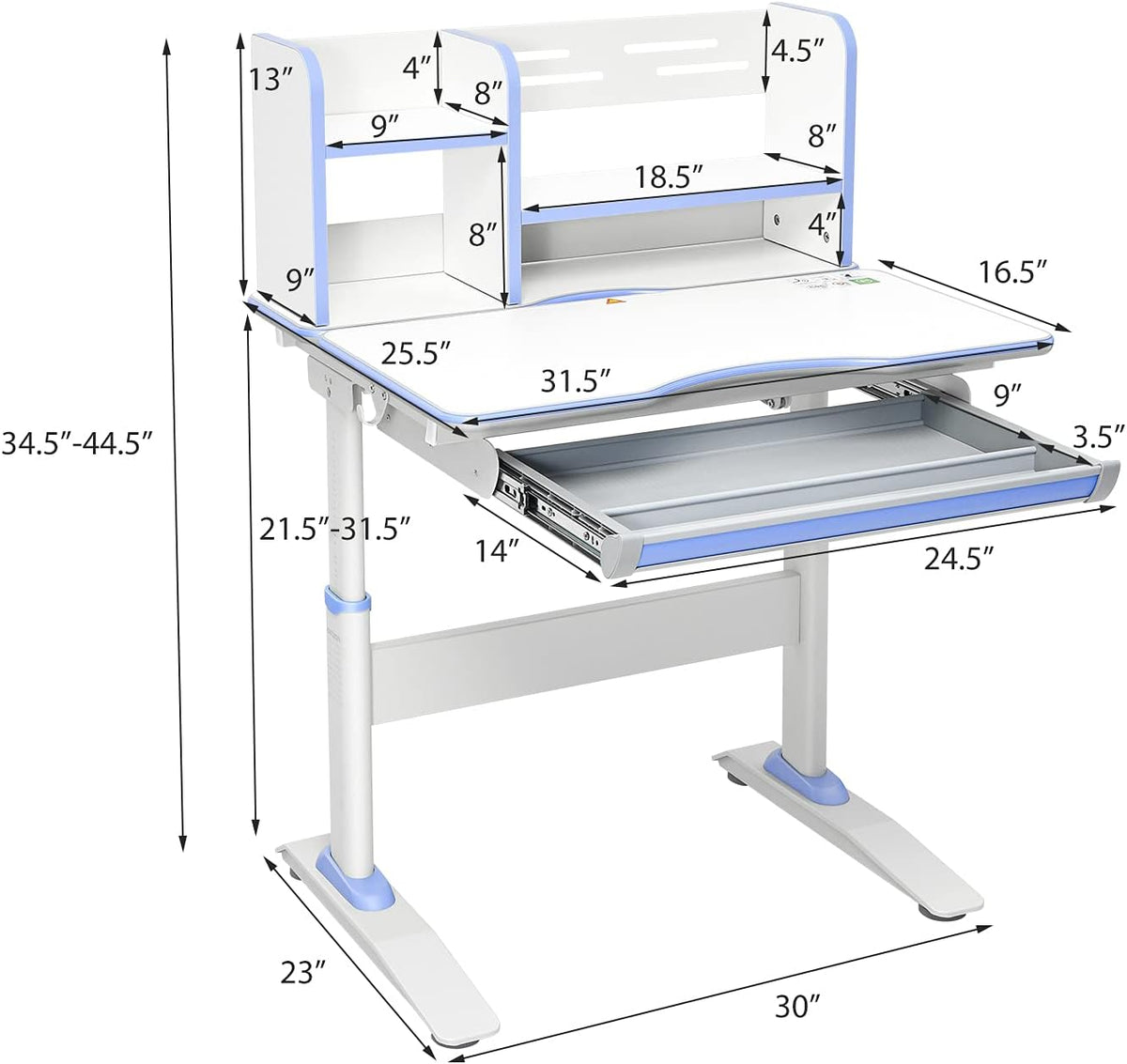Costzon Kids Desk, Height Adjustable Children Study Desk w/Tilt Desktop, Storage Drawer, Book Shelf, Metal Hook, Writable Tabletop for Writing, Painting, Reading, Multifunctional Student Desk, Blue