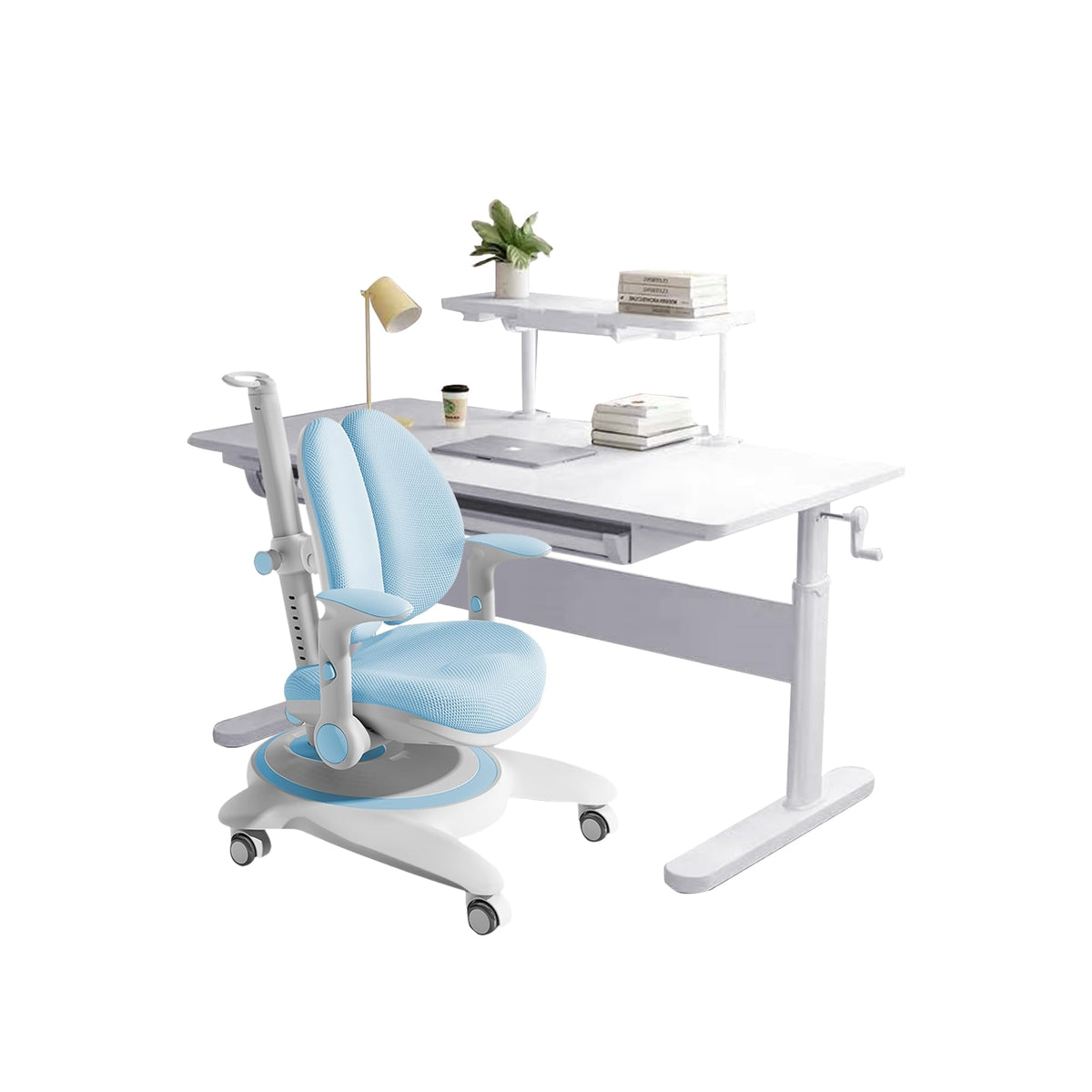 FCD Kids Desk, Height Adjustable Wood Children Study Computer Desk with Large Shelf, Tiltable Desktop and Pull-Out Drawer