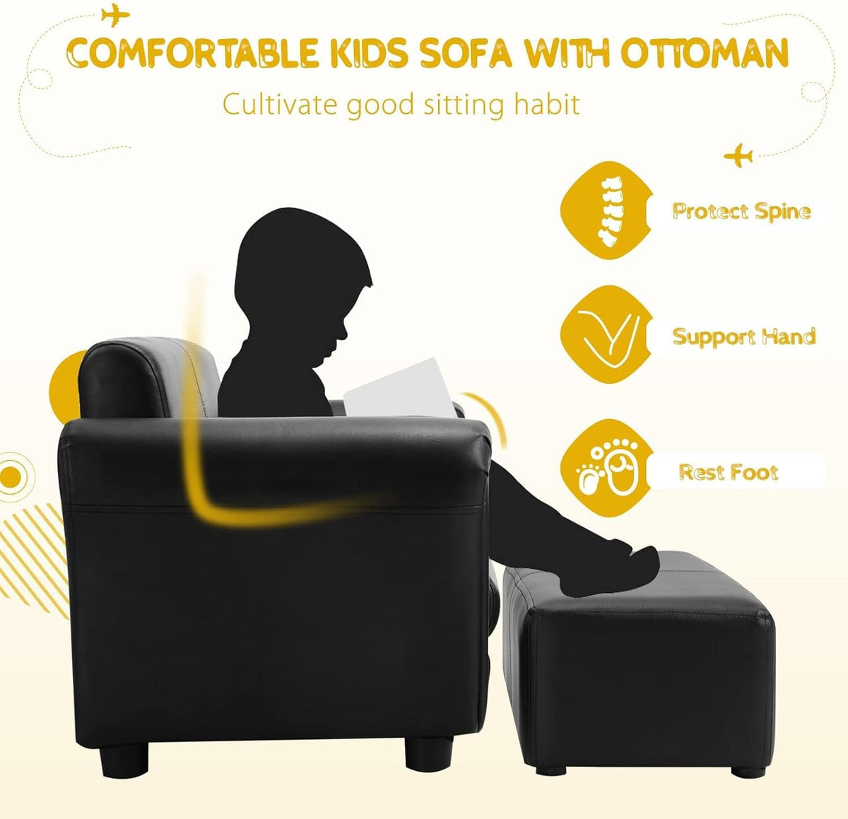 INFANS 2 Seat Children Sofa with Footstool, Sturdy Wood Construction, Armrest Couch for Preschool Kids, Kid Couch Lounge Bed with Ottoman