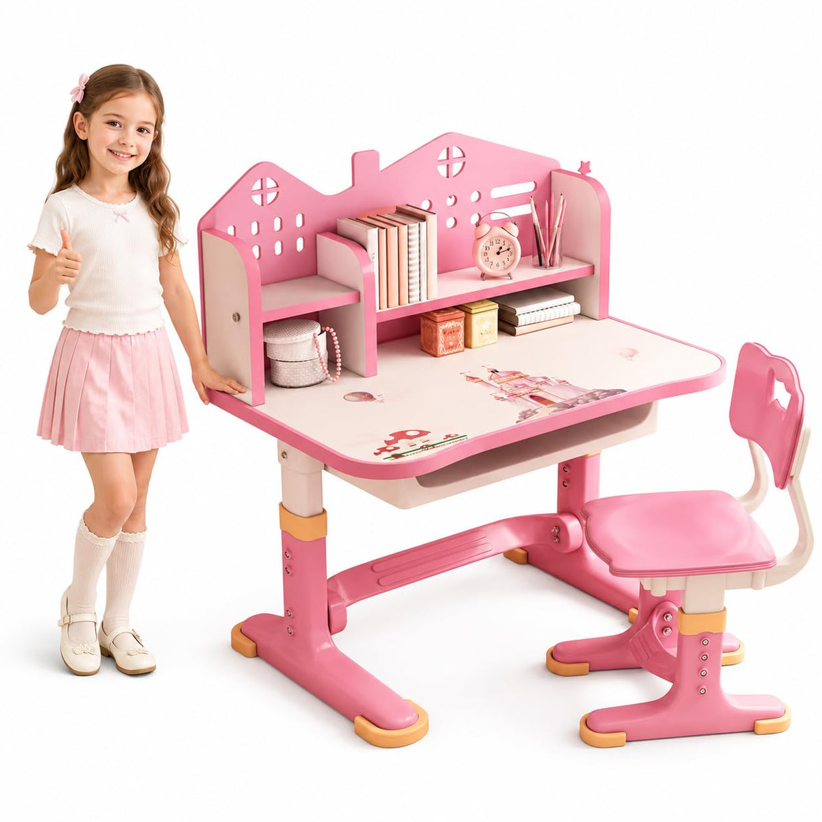 cdar Kids Desk Chair Set,Multi Functional Widened Children Desktop with Tilt Book Stand Drawer Cartoon Pattern School Height Adjustable Study Table and Set for Boys Girls (Cartoon Pink)