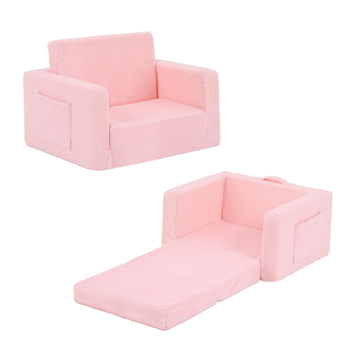 Kids Chair Sherpa Kids Couch, 2-in-1 Soft Kids Armchair for Kids' Room, Convertible Sofa for Girls and Boys, Child Reading Chair for Playroom, Living Room, Pet, Beige
