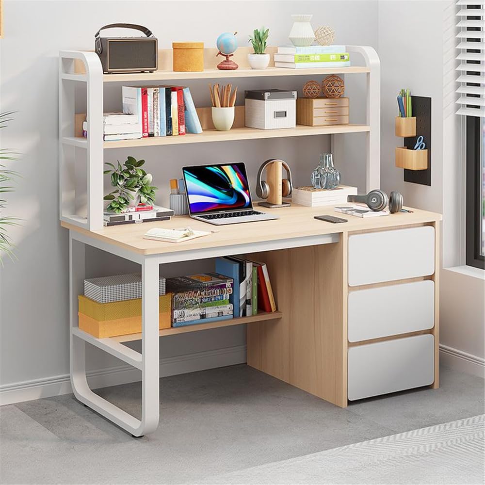 Rectangular Children's Desk Storage Table with 3 Drawers Bookshelf Modern Writing Table Shelves Work Desk PC Table Home Office Corner Study Desk -Wood 39.5" L x 19" W x 57" H