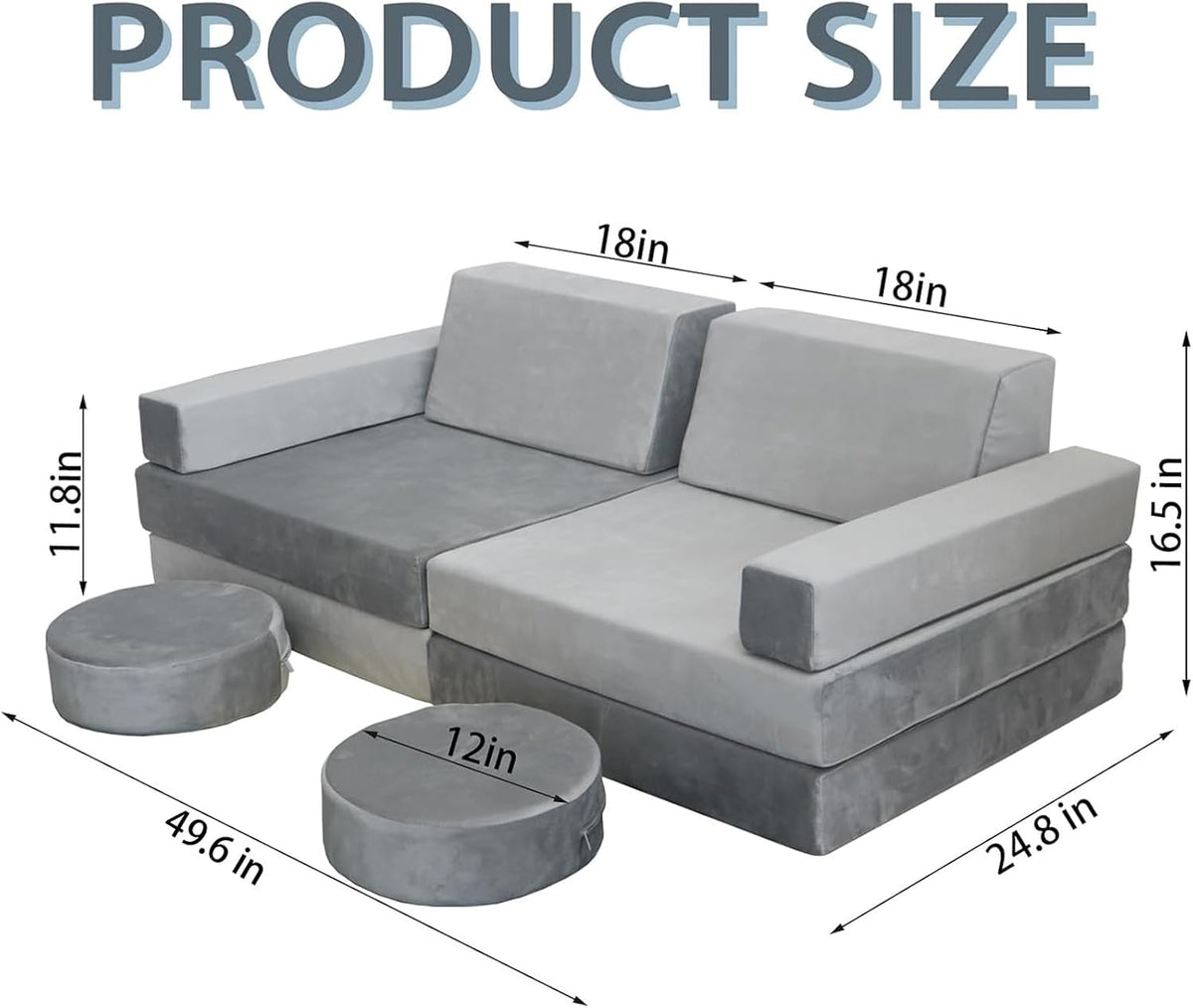 Modular Kids Play Couch, Kids Sectional Couch Sofa, Bedroom and Playroom Convertible Foam for Toddlers, Floor Cushion for Imaginative Boys and Girls (Light Grey-Suede)