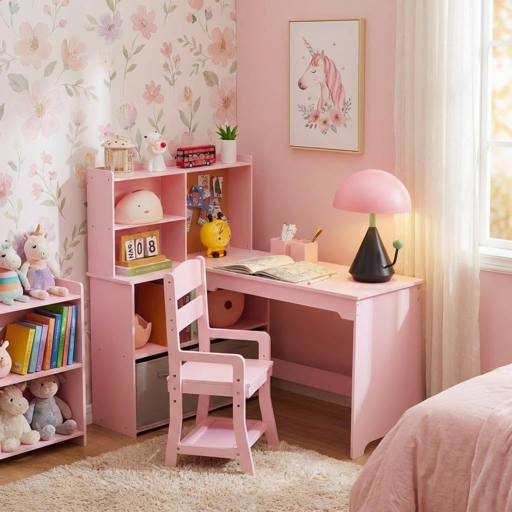 IDEALHOUSE Space-Saving L-Shaped Kids Desk and Chair Set,Pink