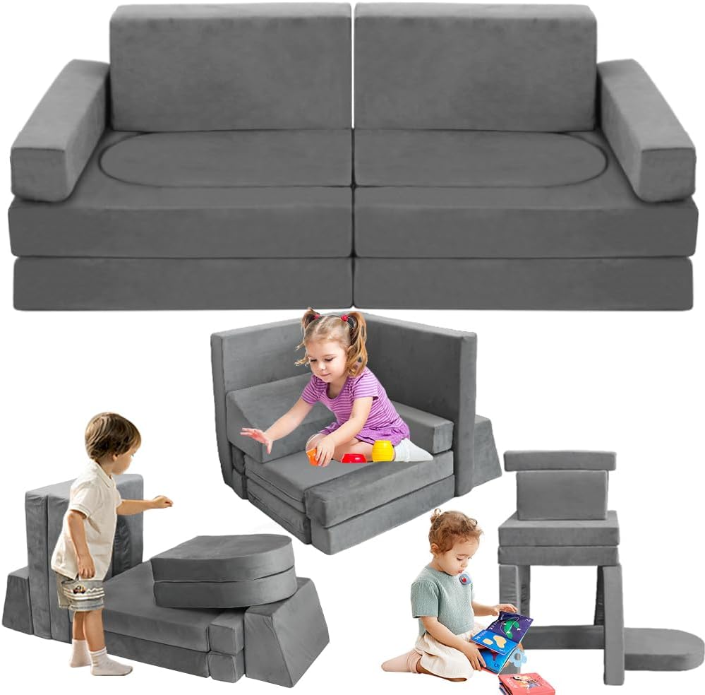 10Pcs Modular Kids Play Couch Convertible Toddler Building Fort Sofa and Cushion Child DIY Floor Sofa for Sleeping Playroom Bedroom for Boys and Girls (Dark Gray)