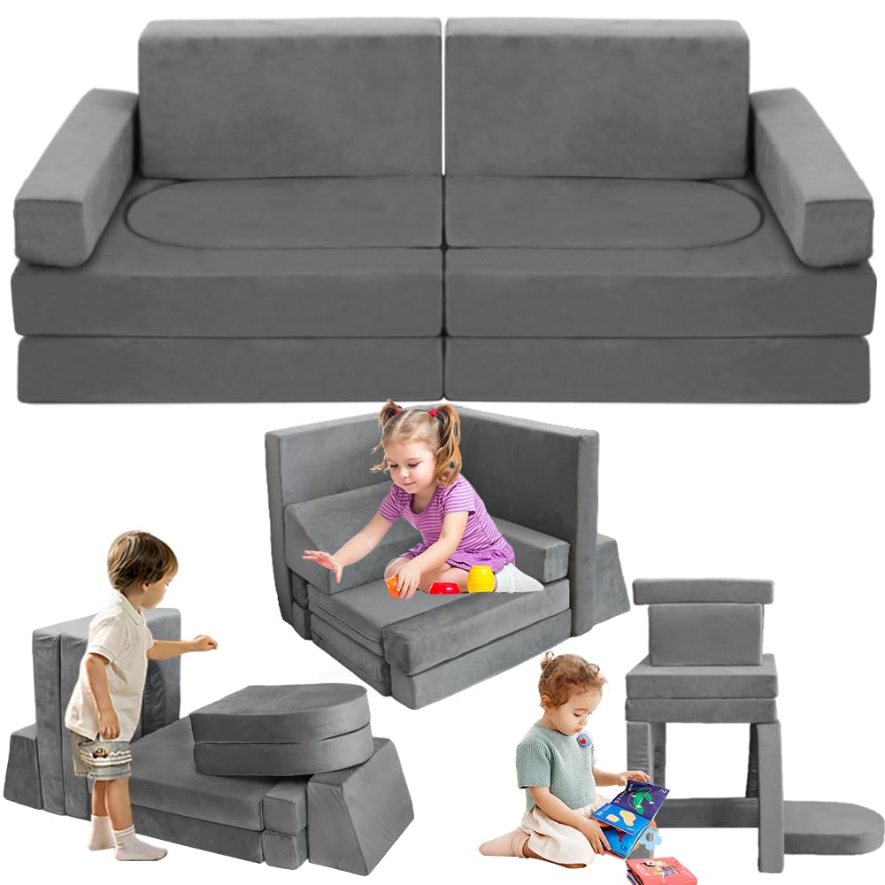 10Pcs Modular Kids Play Couch Convertible Toddler Building Fort Sofa and Cushion Child DIY Floor Sofa for Sleeping Playroom Bedroom for Boys and Girls (Dark Gray)
